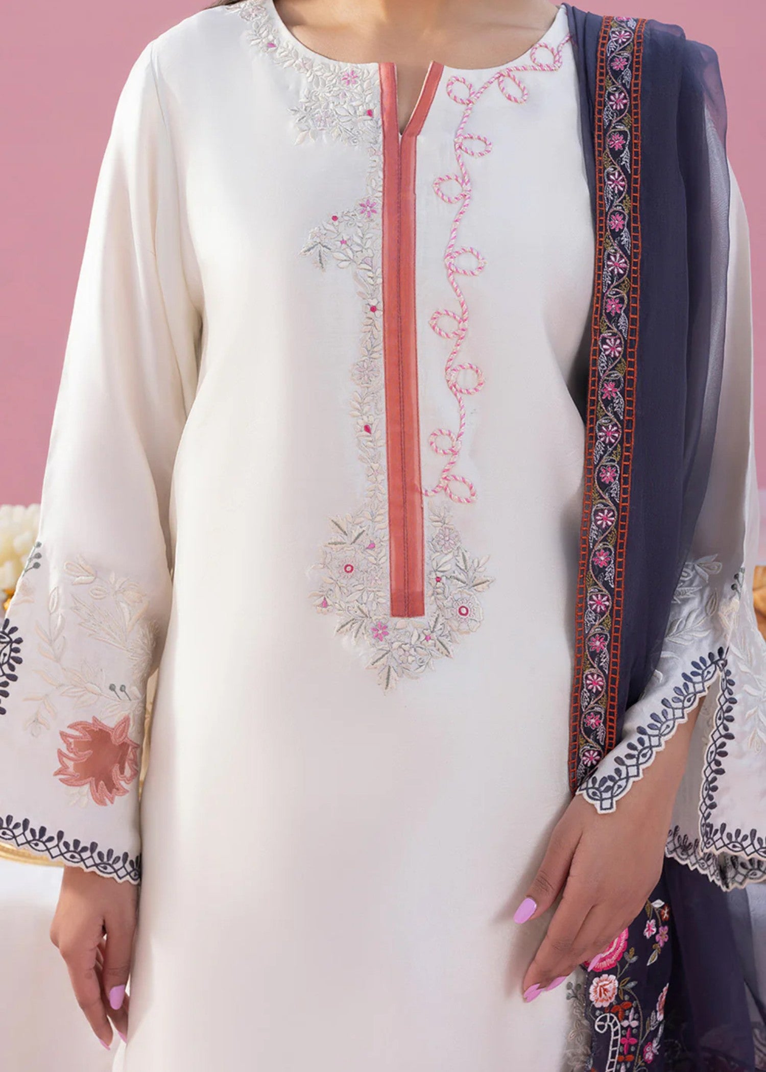 cotton silk Kurta Set in Floral white