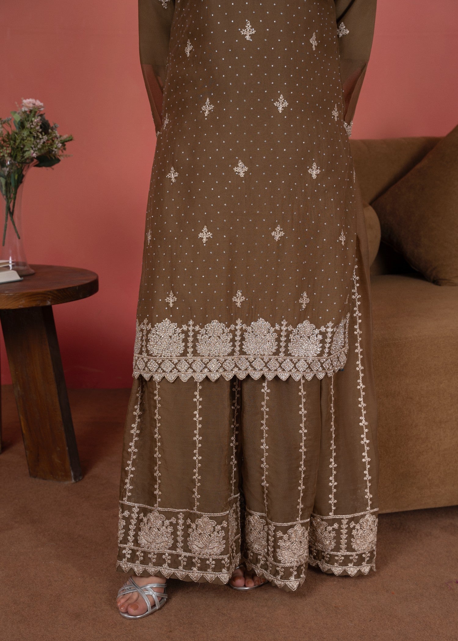 chiffon Kurta Set in Almond brown