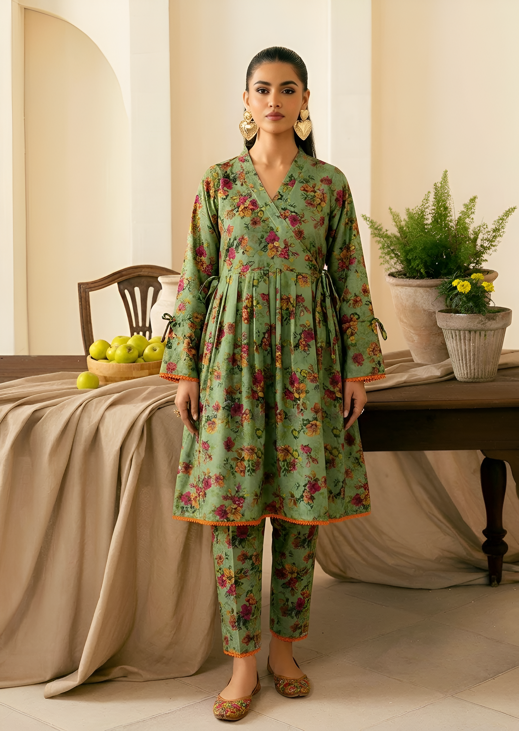 linen Short Frock in Pistachio green