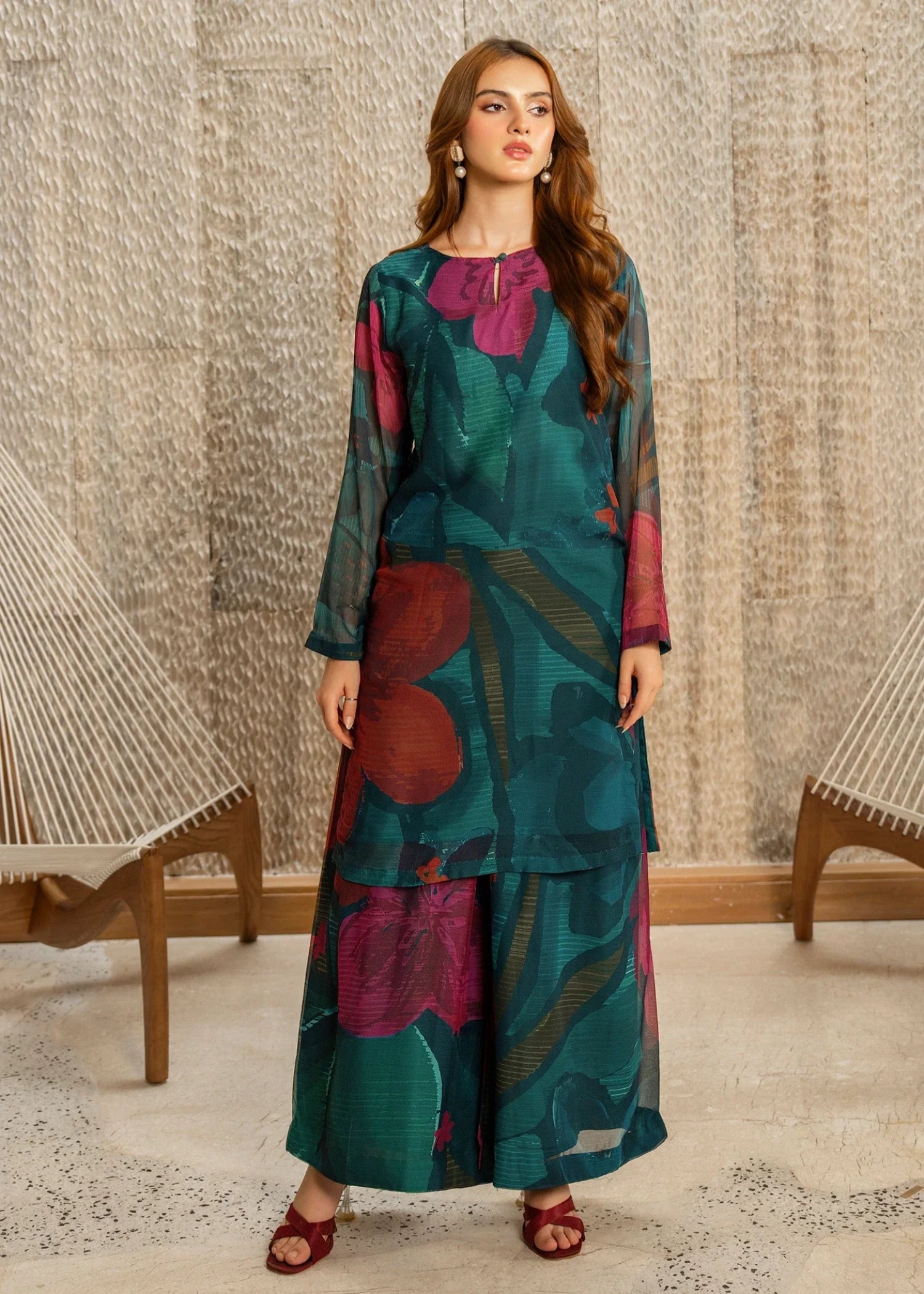 polyester chiffon Co Ord Sets in Teal