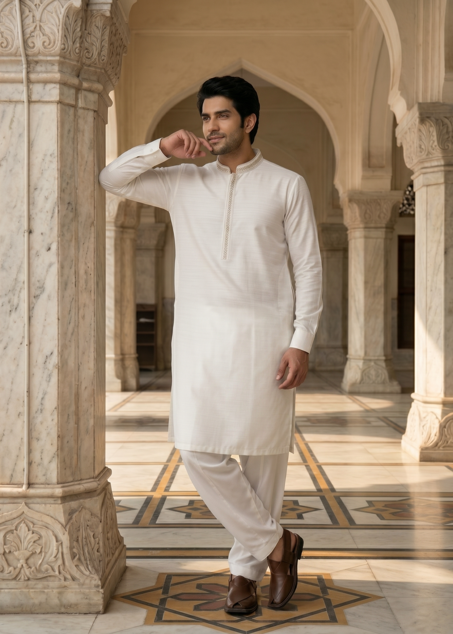 textured wash & wear Shalwar Kameez in Off-white by Real Image Clothing