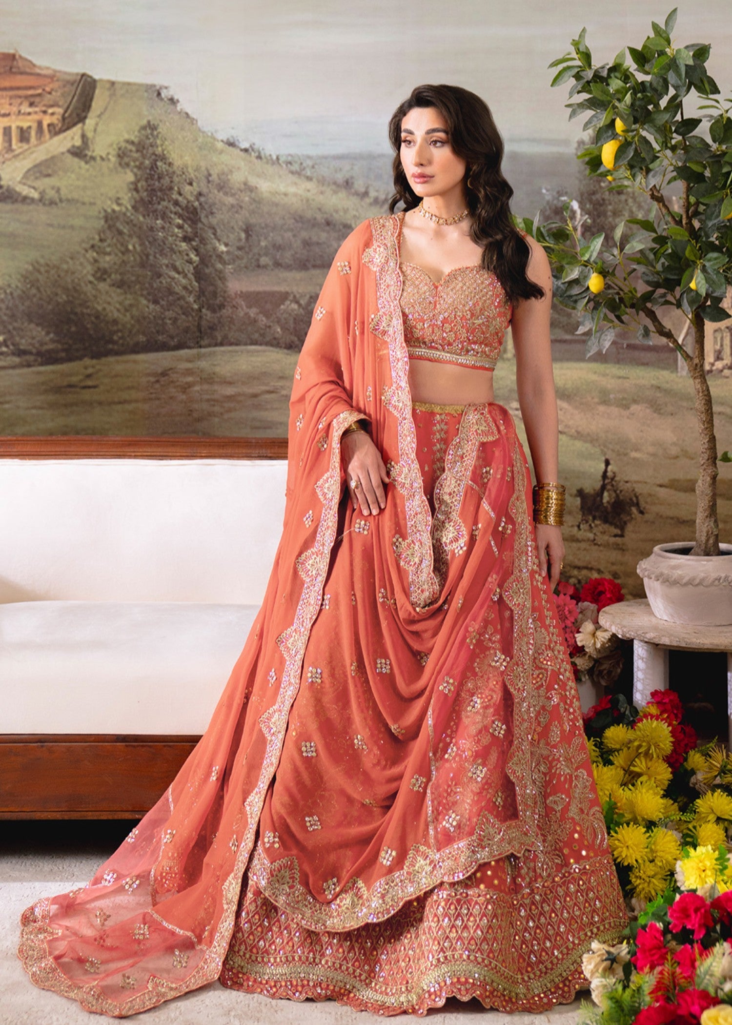 chiffon Lehenga in Coral orange