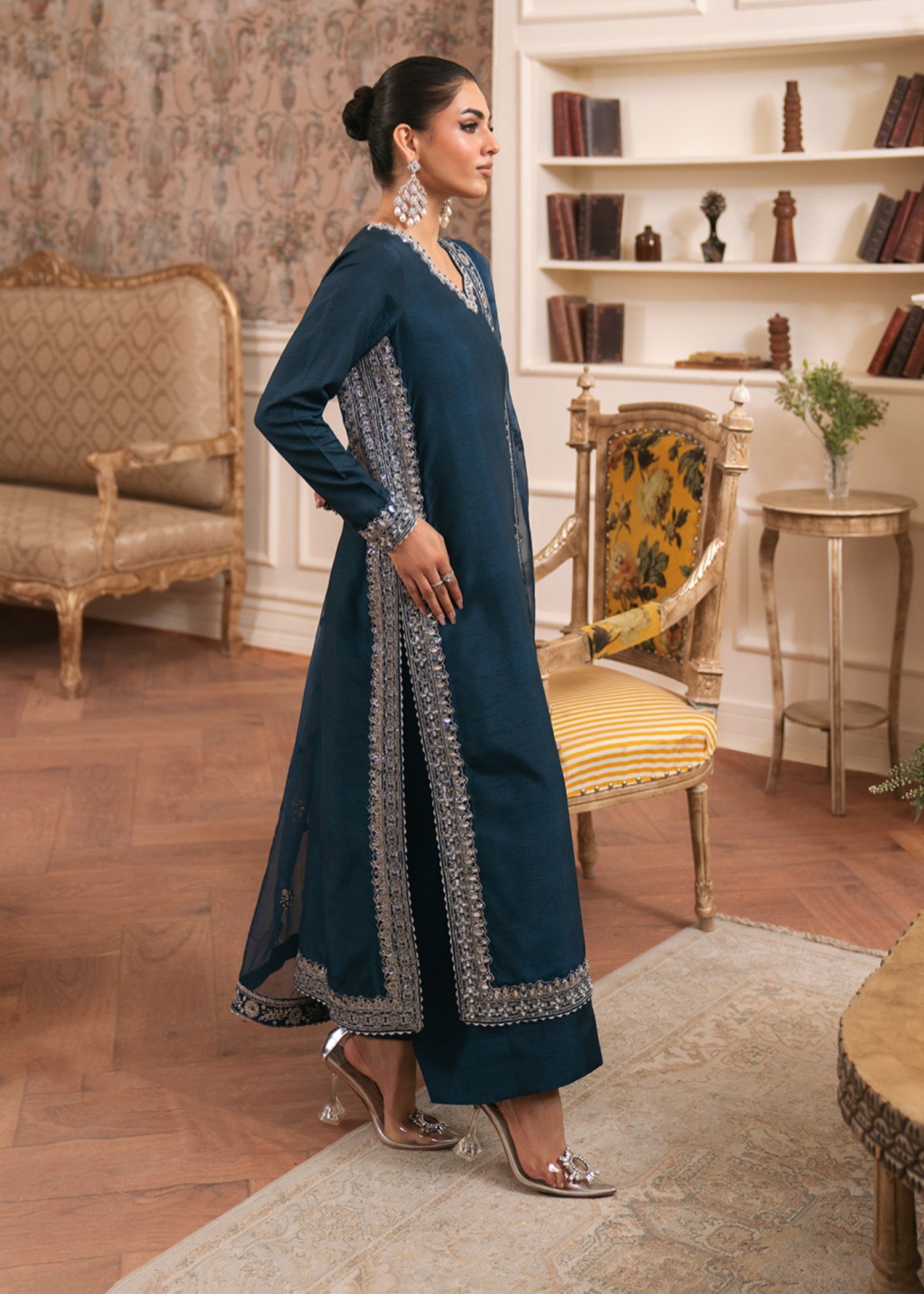 korean raw silk Kurta Set in Steel teal