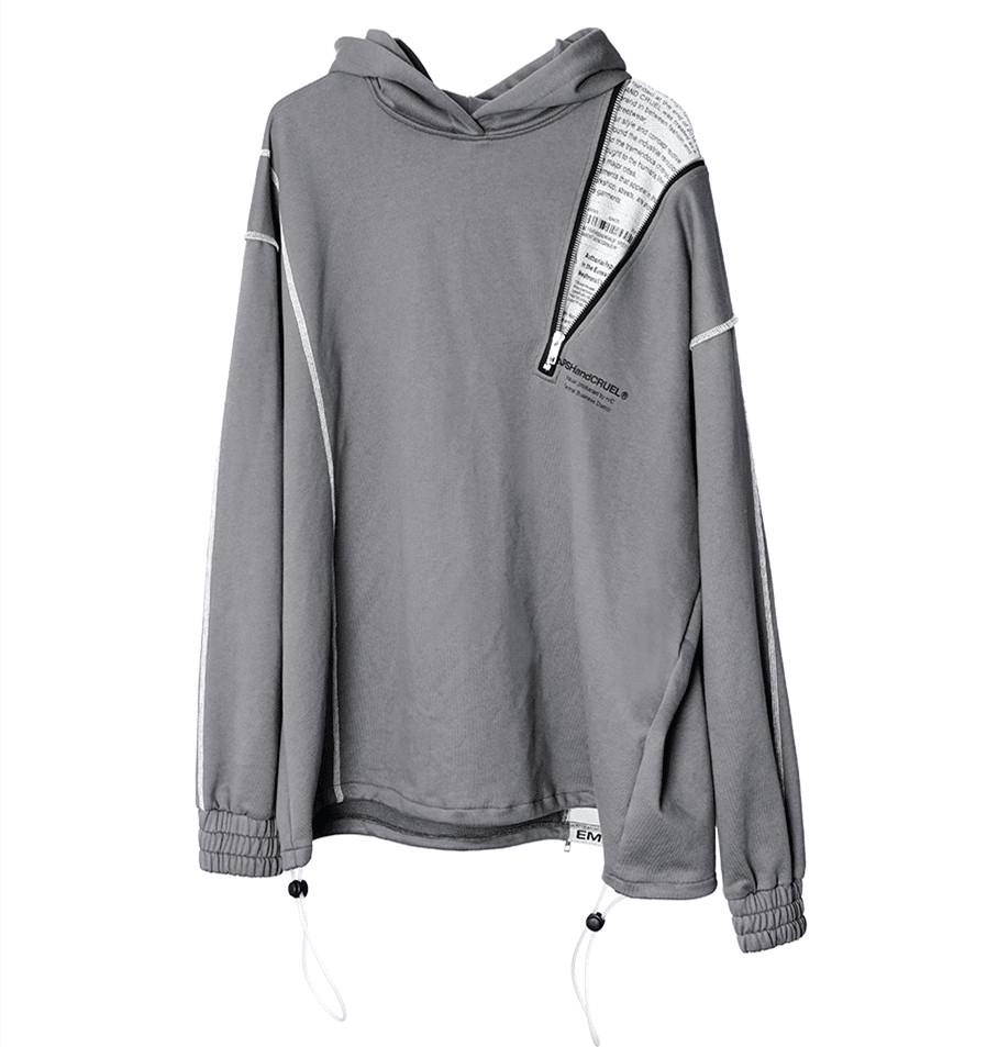 Asymmetrical Zipper Reverse Process Printing Loose Hooded Sweatshirt