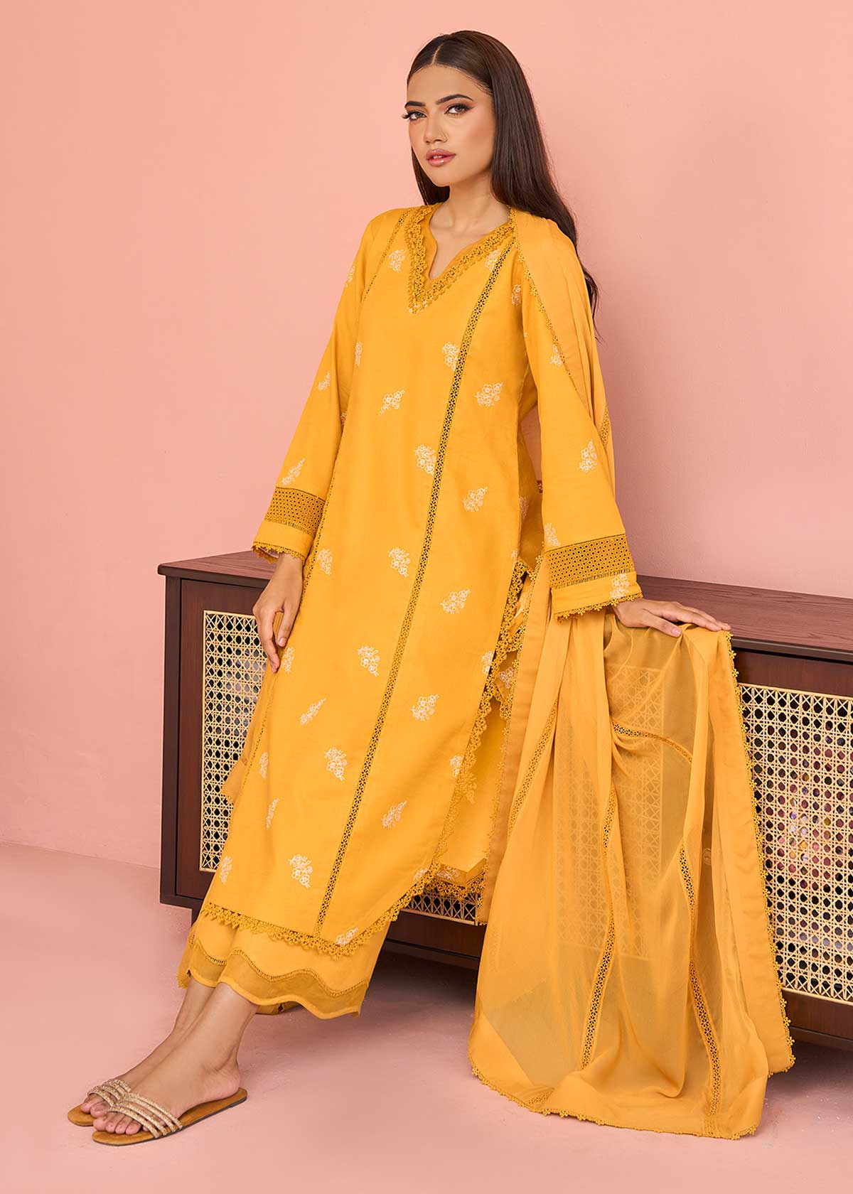 textured lawn Kurta Set in Mustard