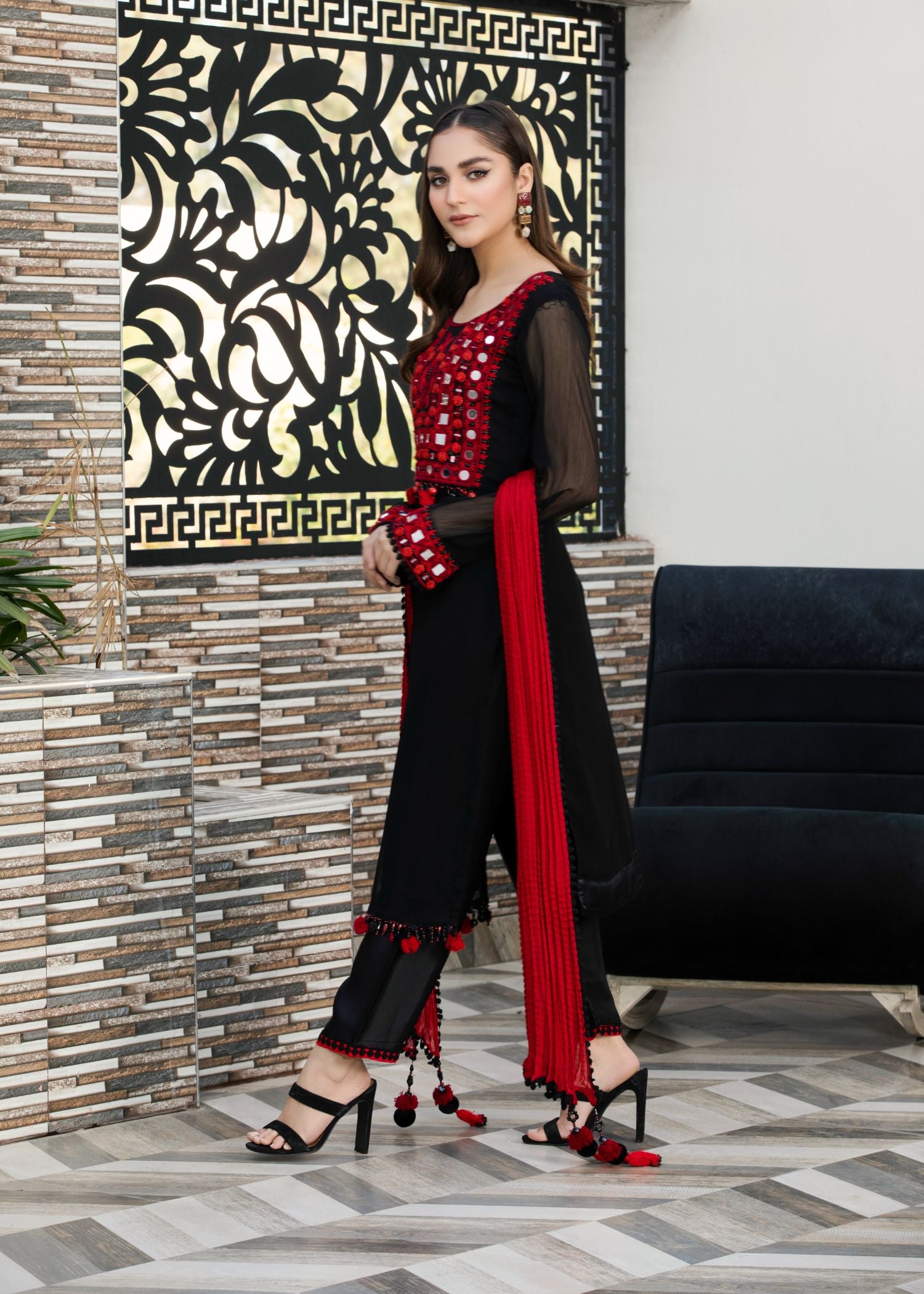 crinkle Kurta Set in Black