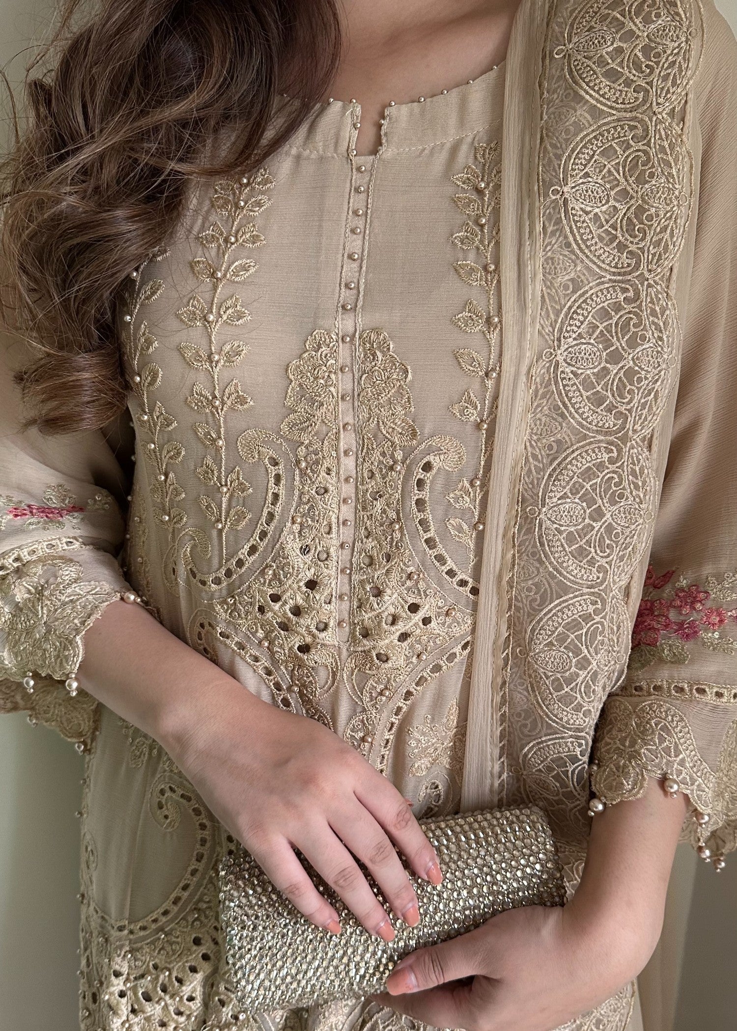 chiffon Kurta Set in Tan brown