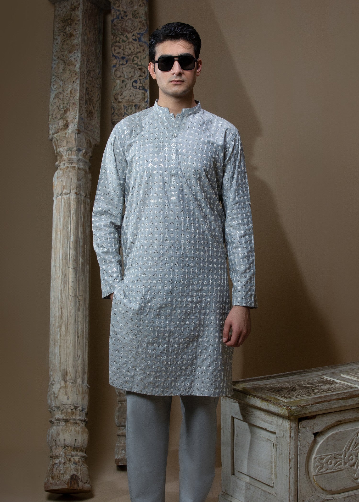 cotton silk Kurta Set in Ash grey