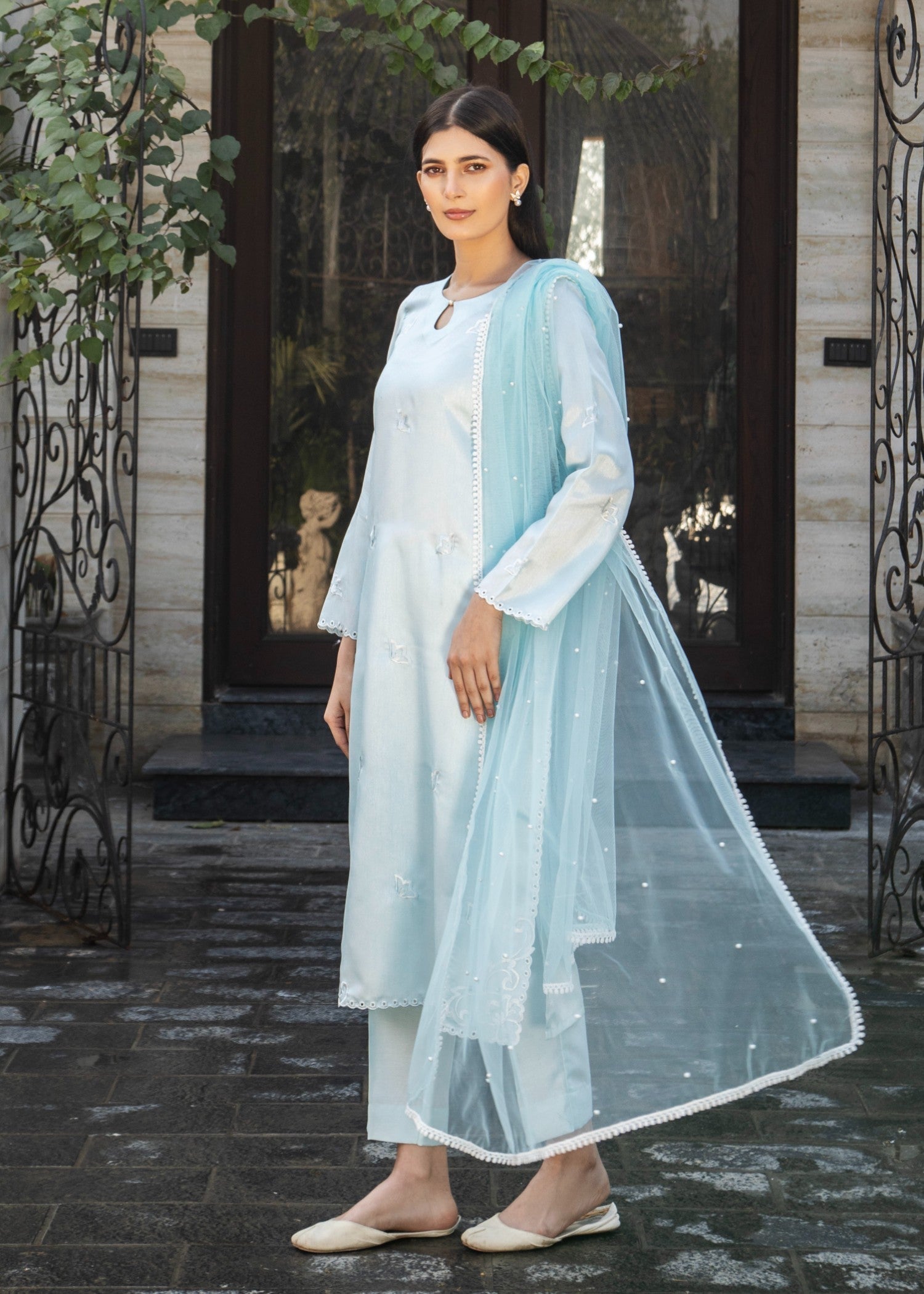 poly silk Kurta Set in Ice blue