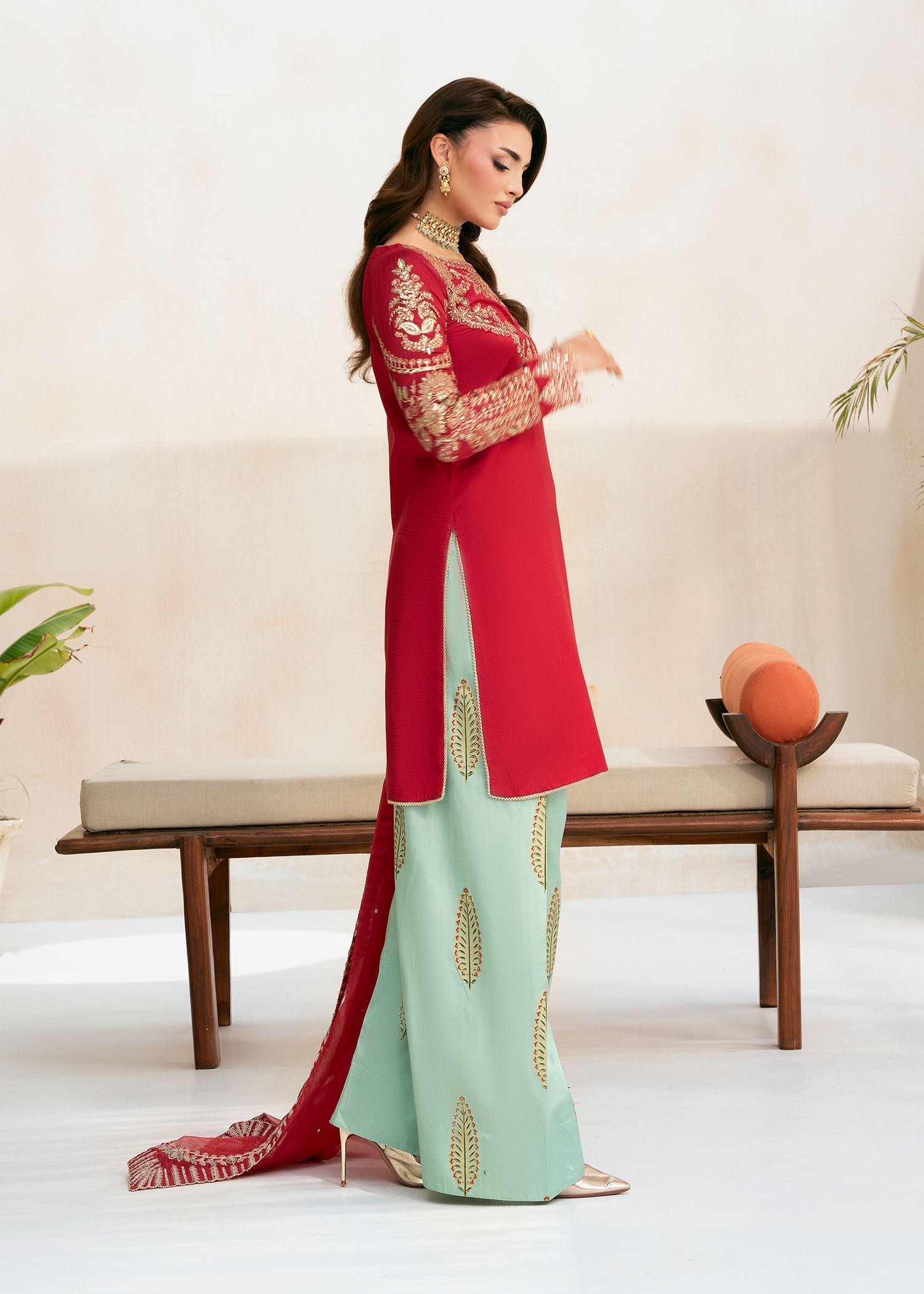 raw silk Kurta Set in Imperial red