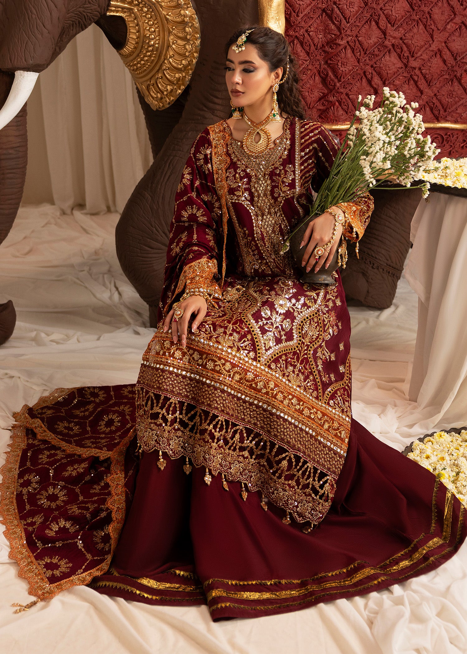 tussar silk Sharara in Maroon
