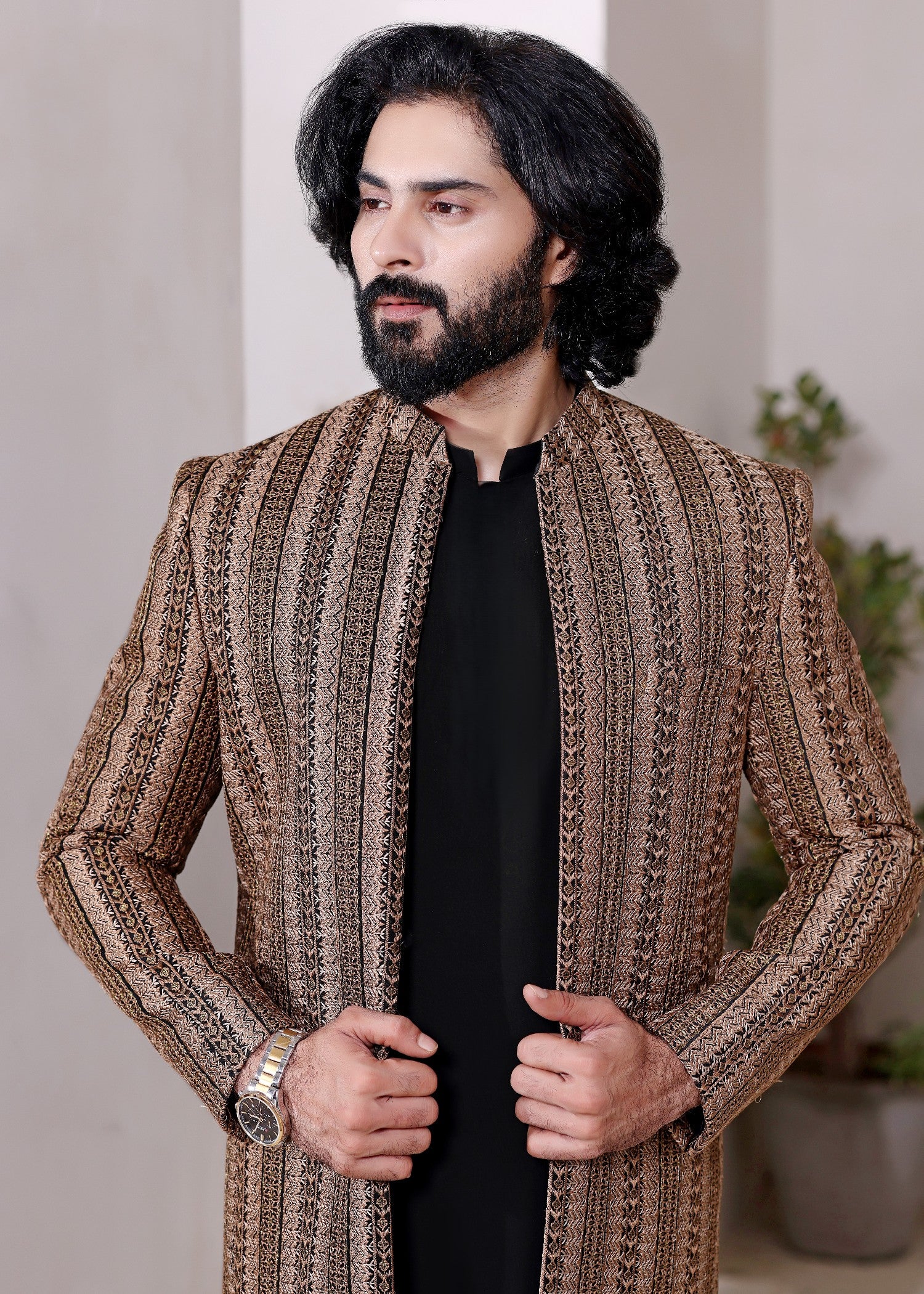 jamawar Sherwani in Brown