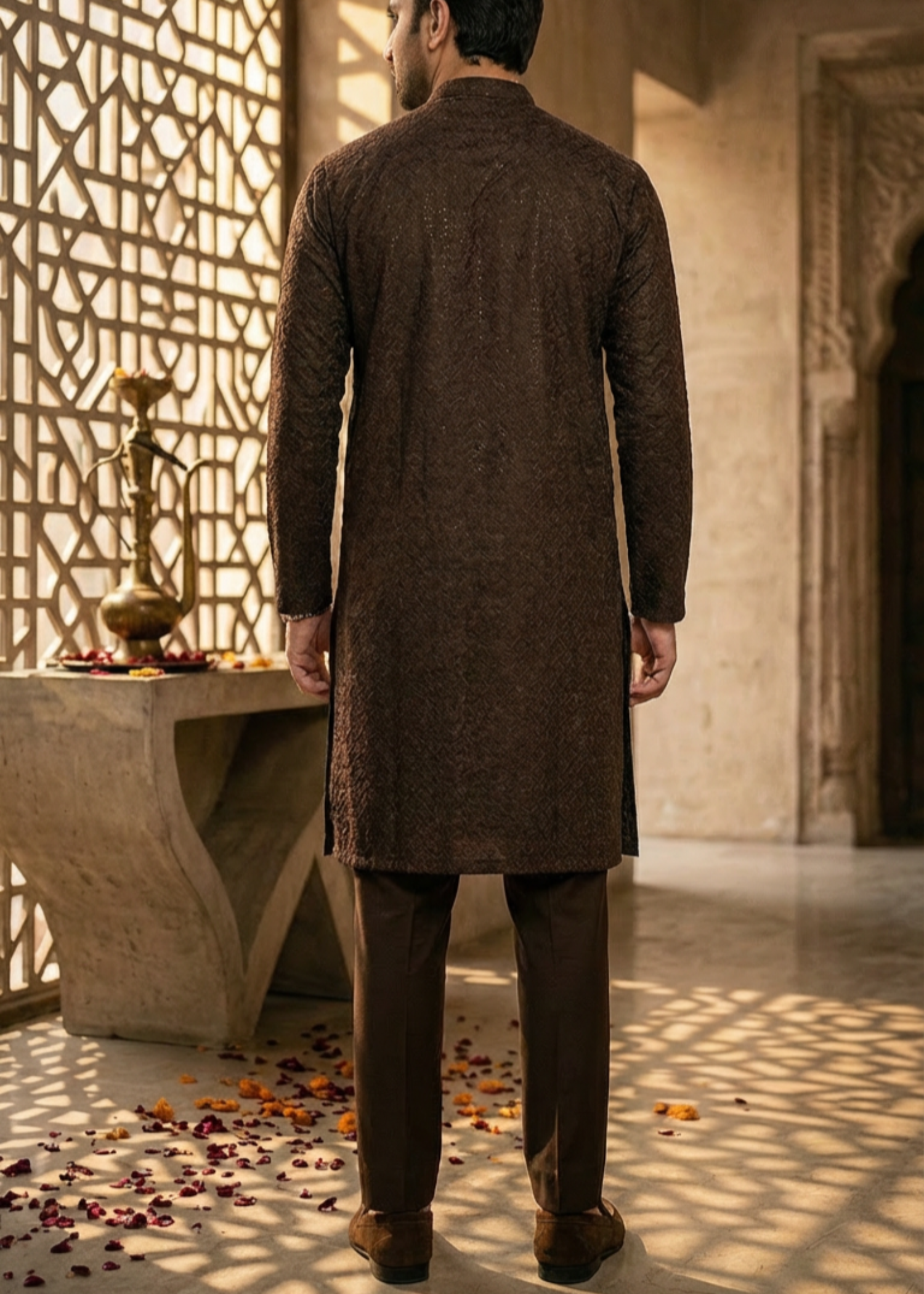 chikankari cotton Kurta Set in Chocolate brown by Decuir