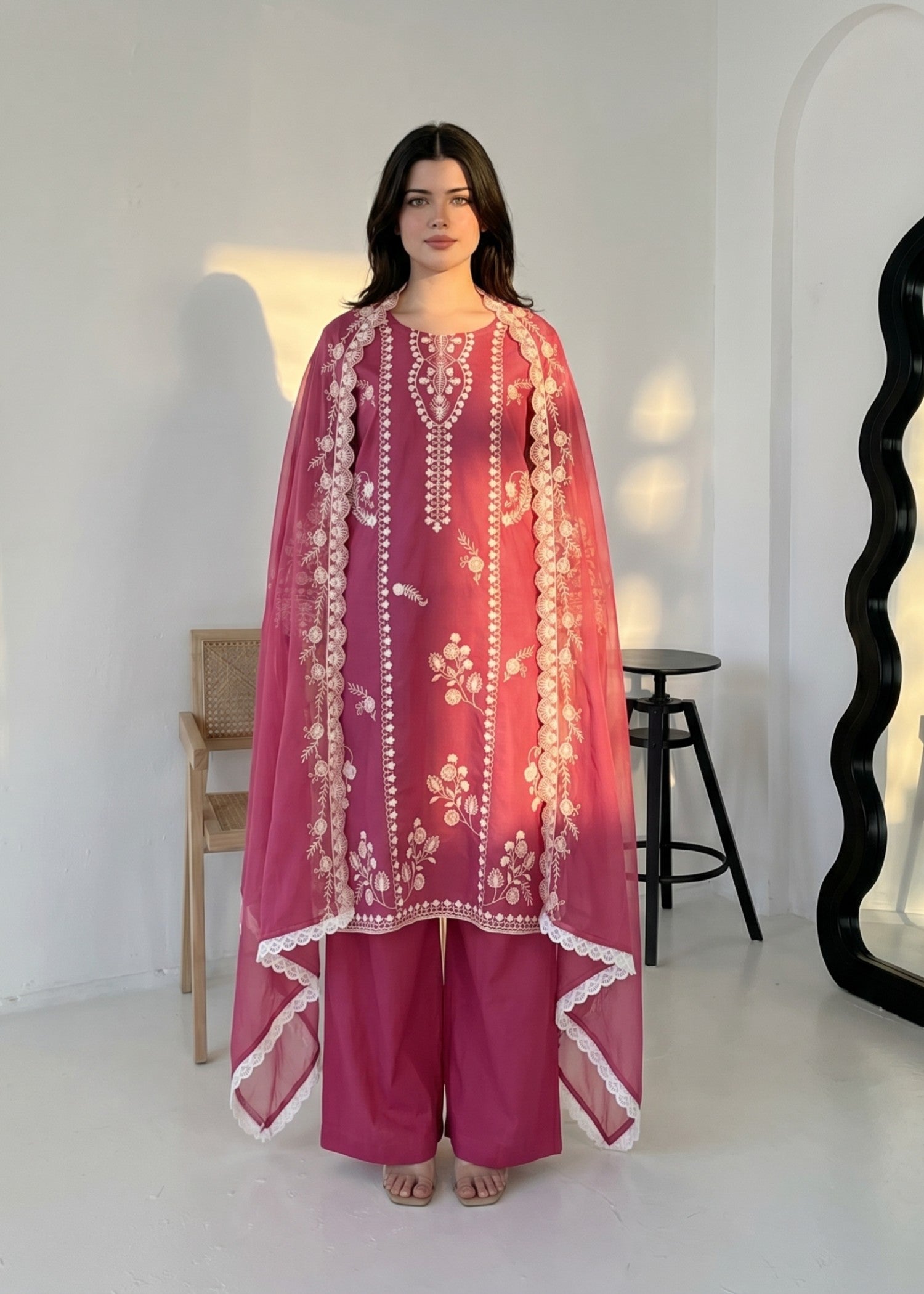 lawn cotton Kurta Set in Bubblegum pink