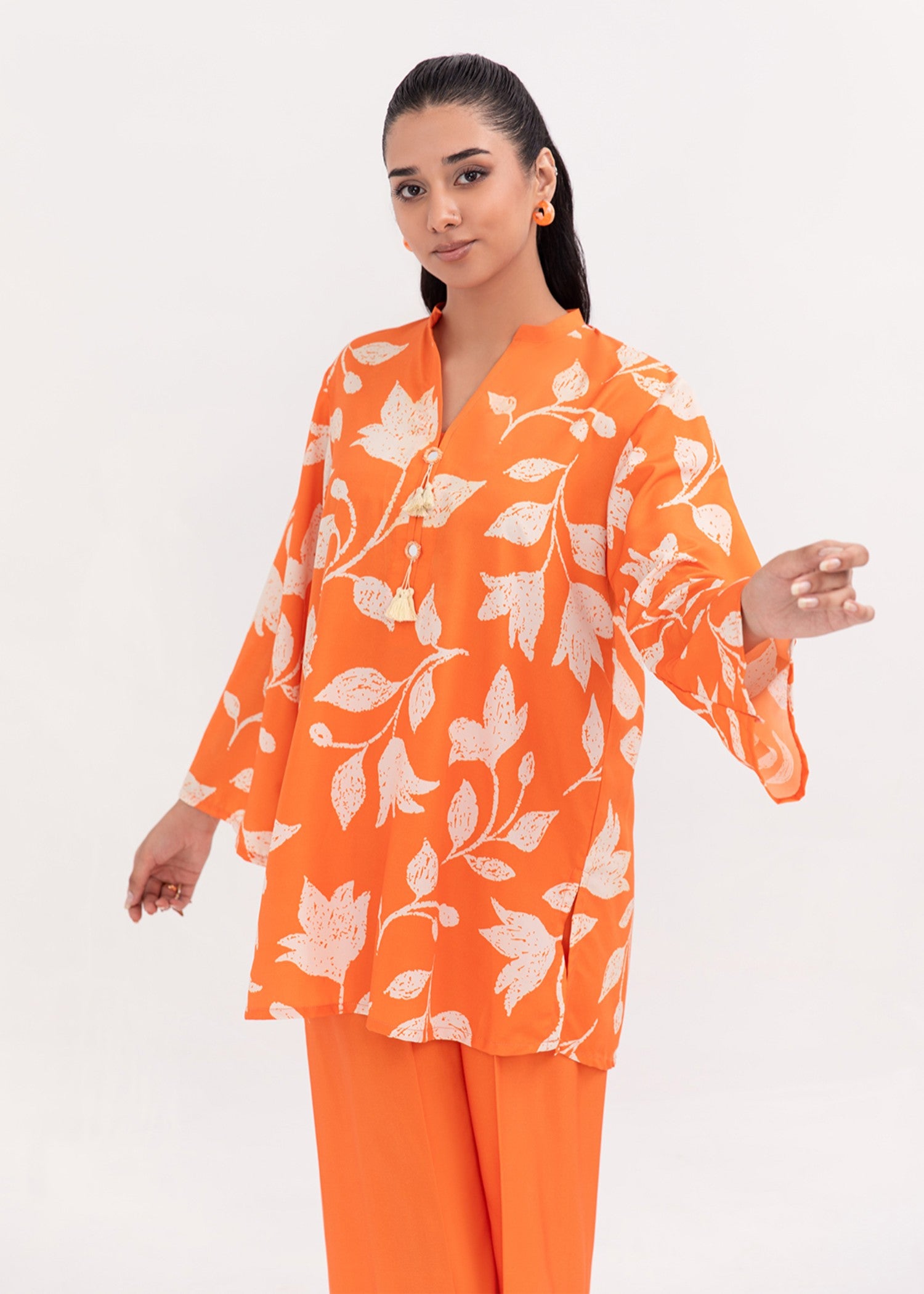 silk finish lawn Kurta Set in Pumpkin orange