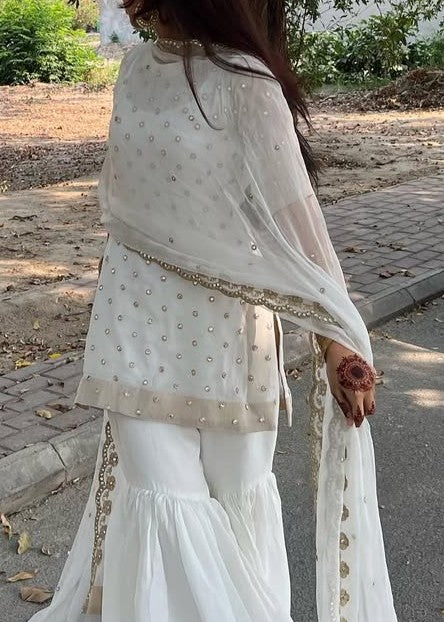 bemberg crinkle chiffon Gharara in White