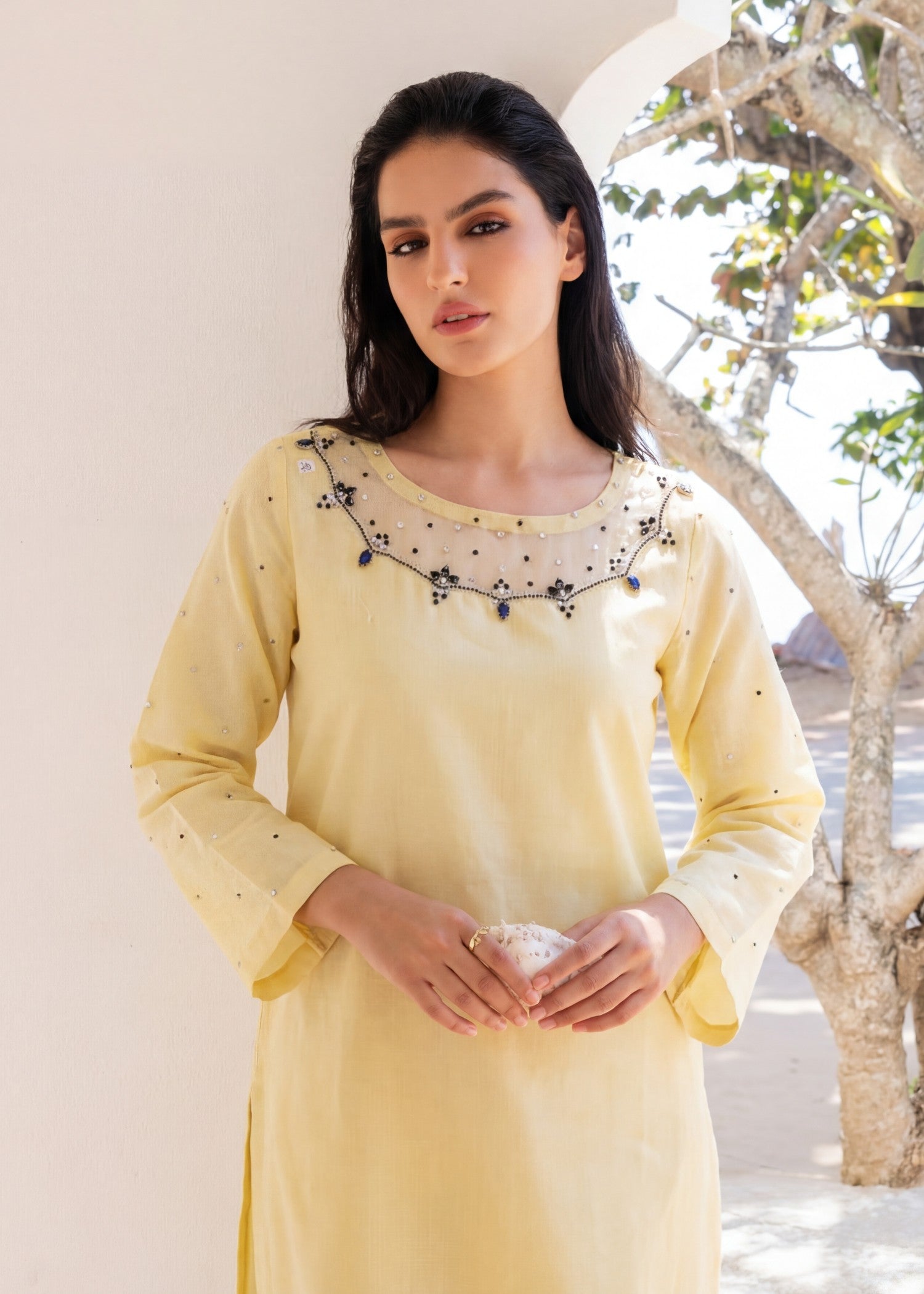 textured lawn Kurta Set in Lemon