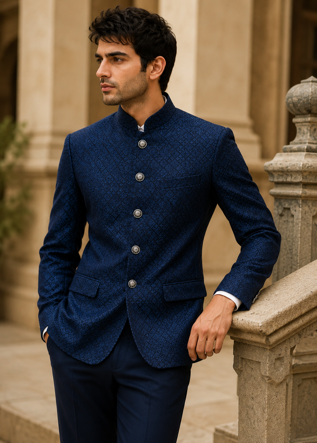 chikankari cotton Prince Coat in Navy blue