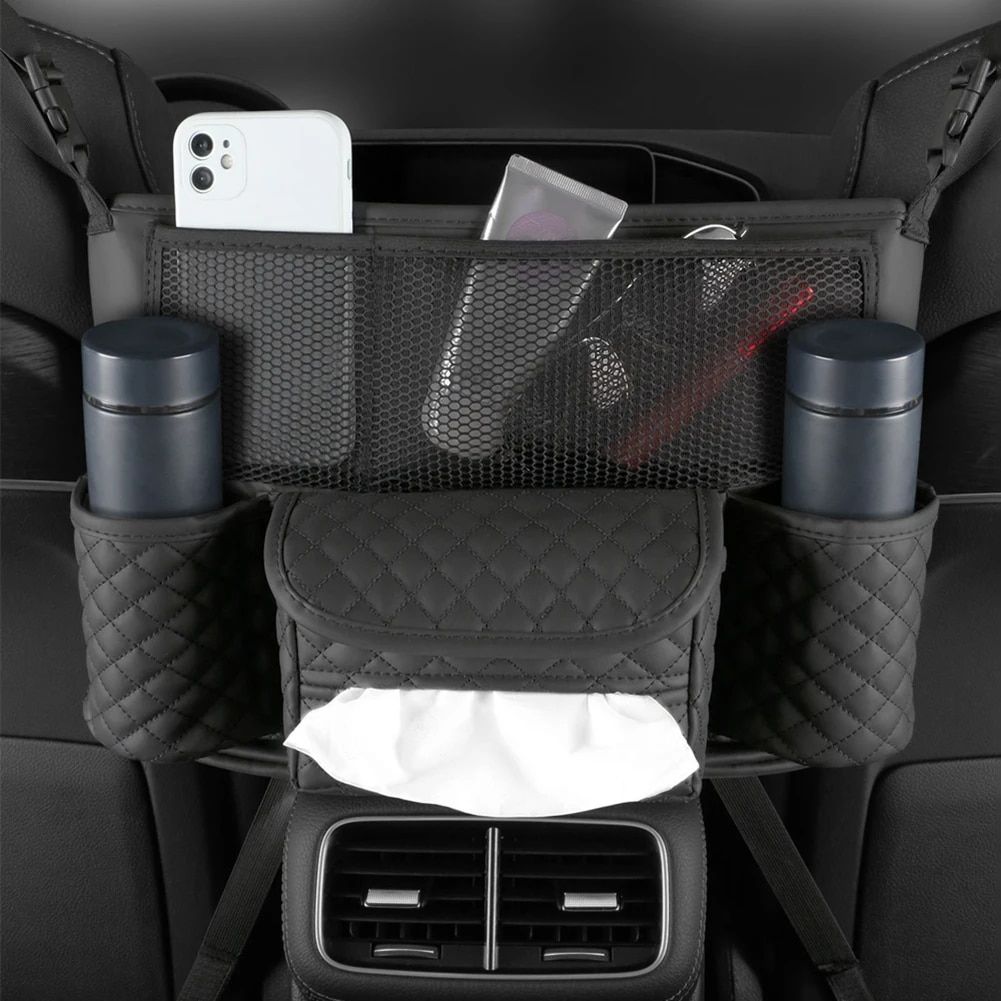 Luxurious Leather Car Seat Storage Bag with Drink Holders