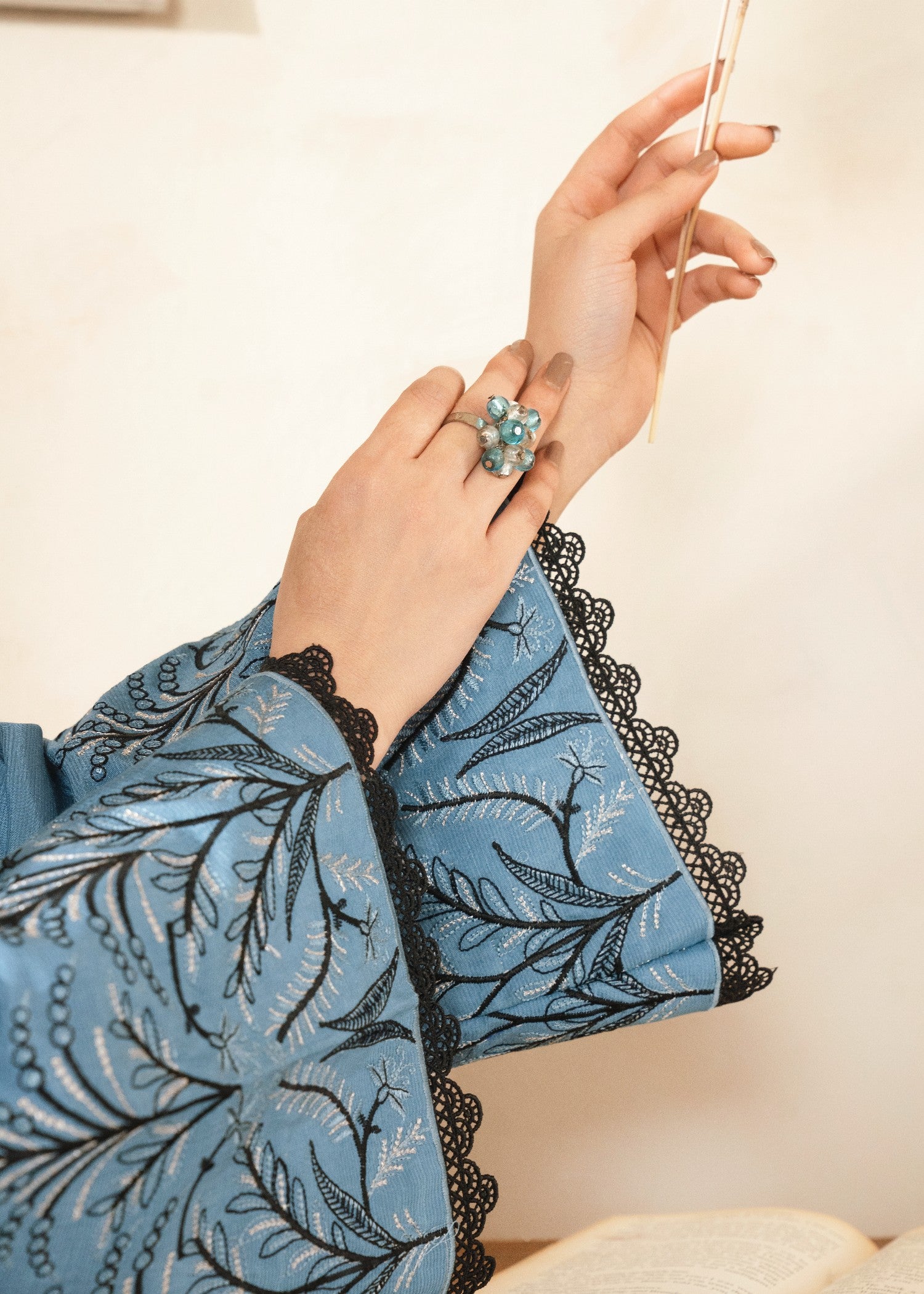 raw silk Kurta Set in Black, frost blue