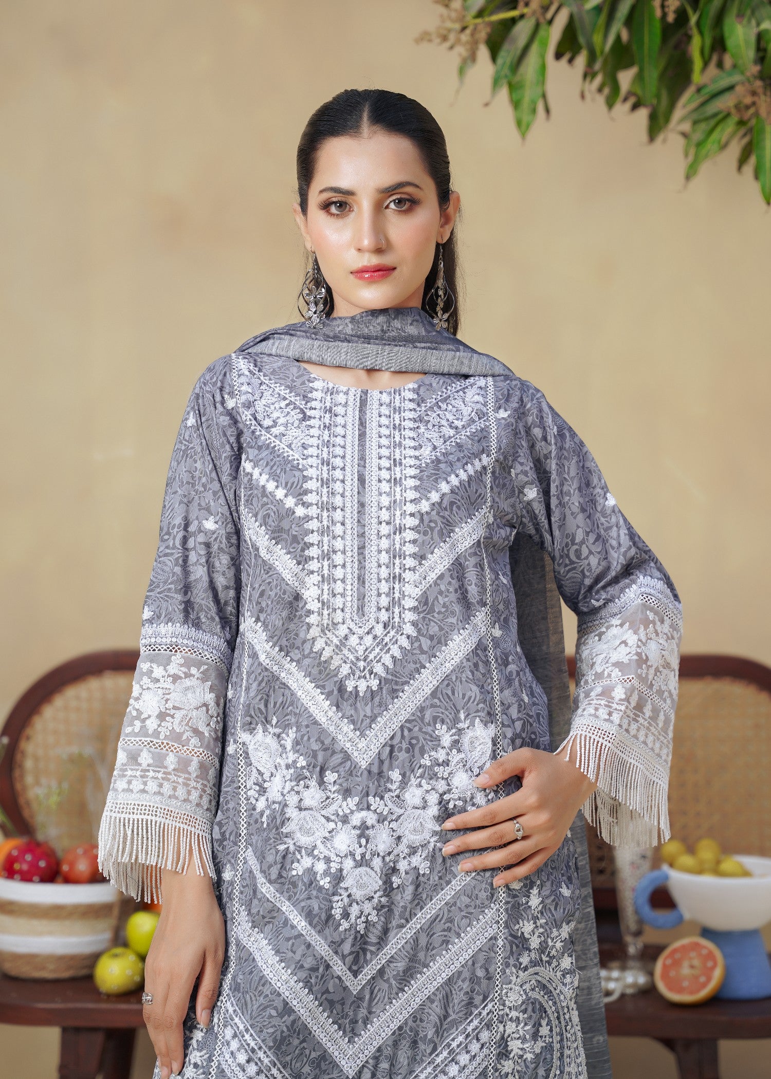 khaddi net Kurta Set in Cool grey