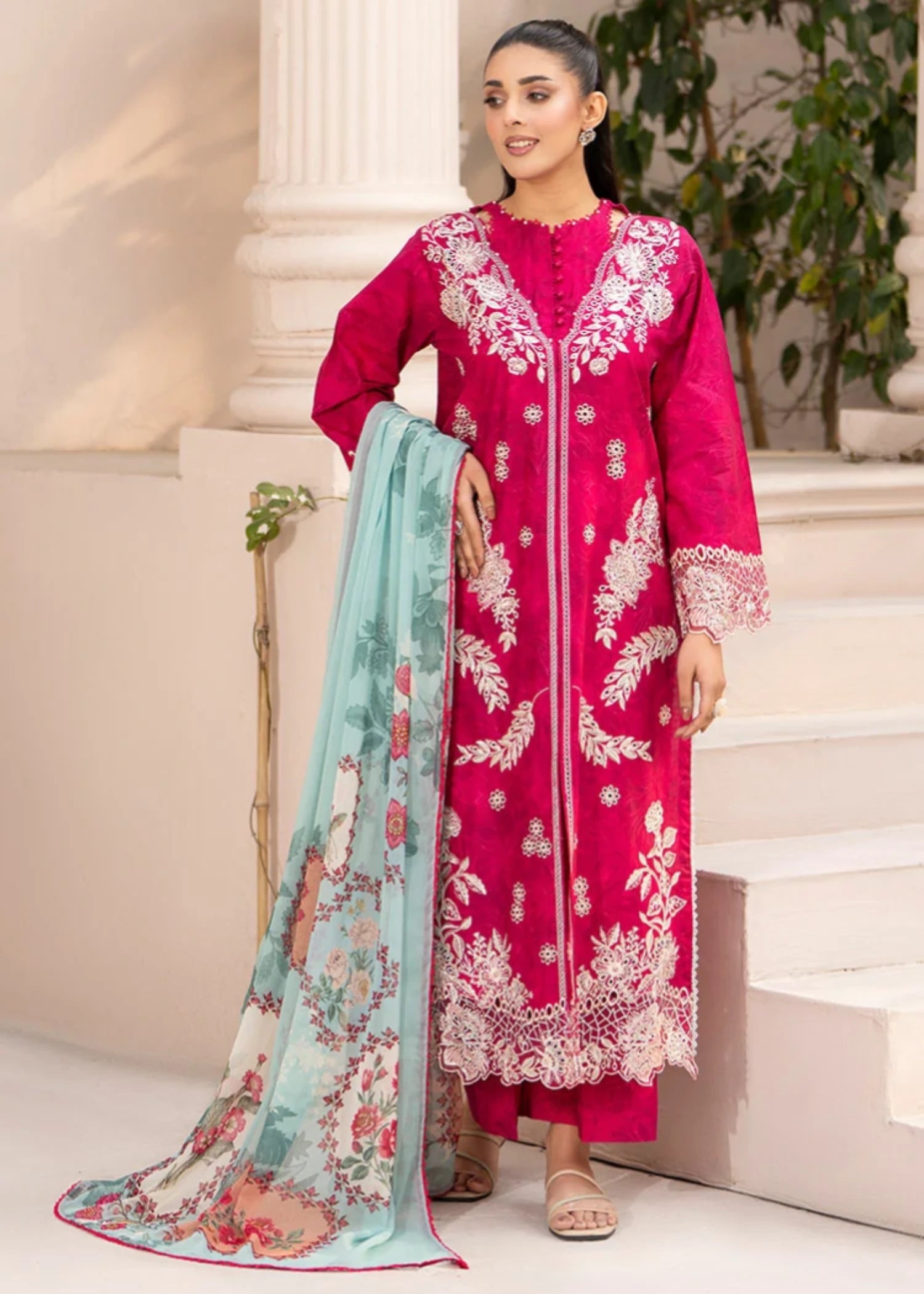cambric Kurta Set in Shocking pink