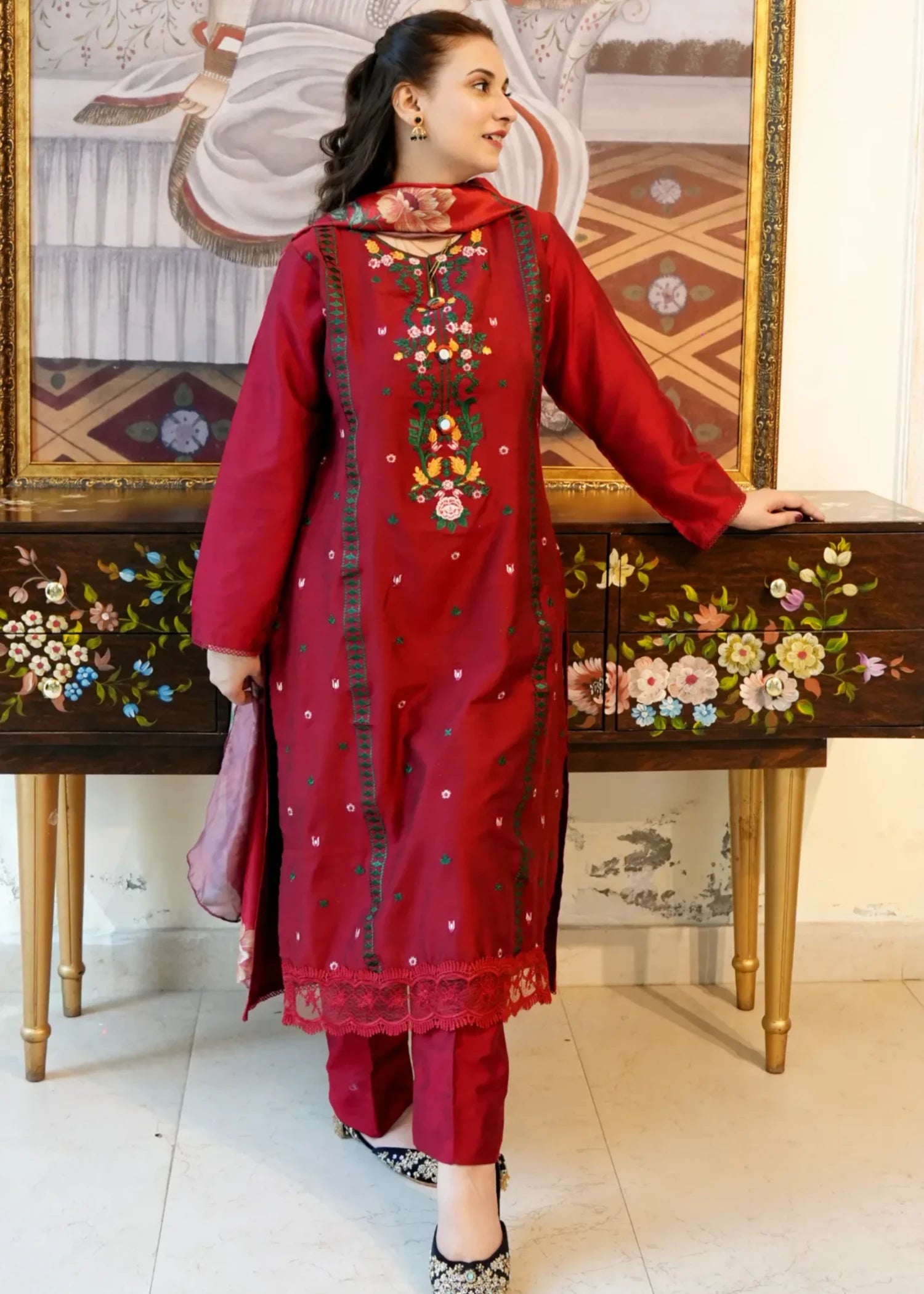 cotton silk Kurta Set in Blood red