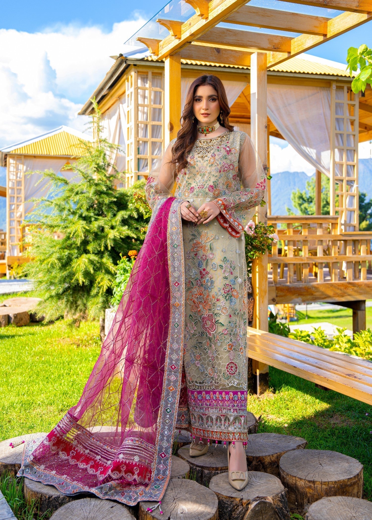 net Kurta Set in Sage green