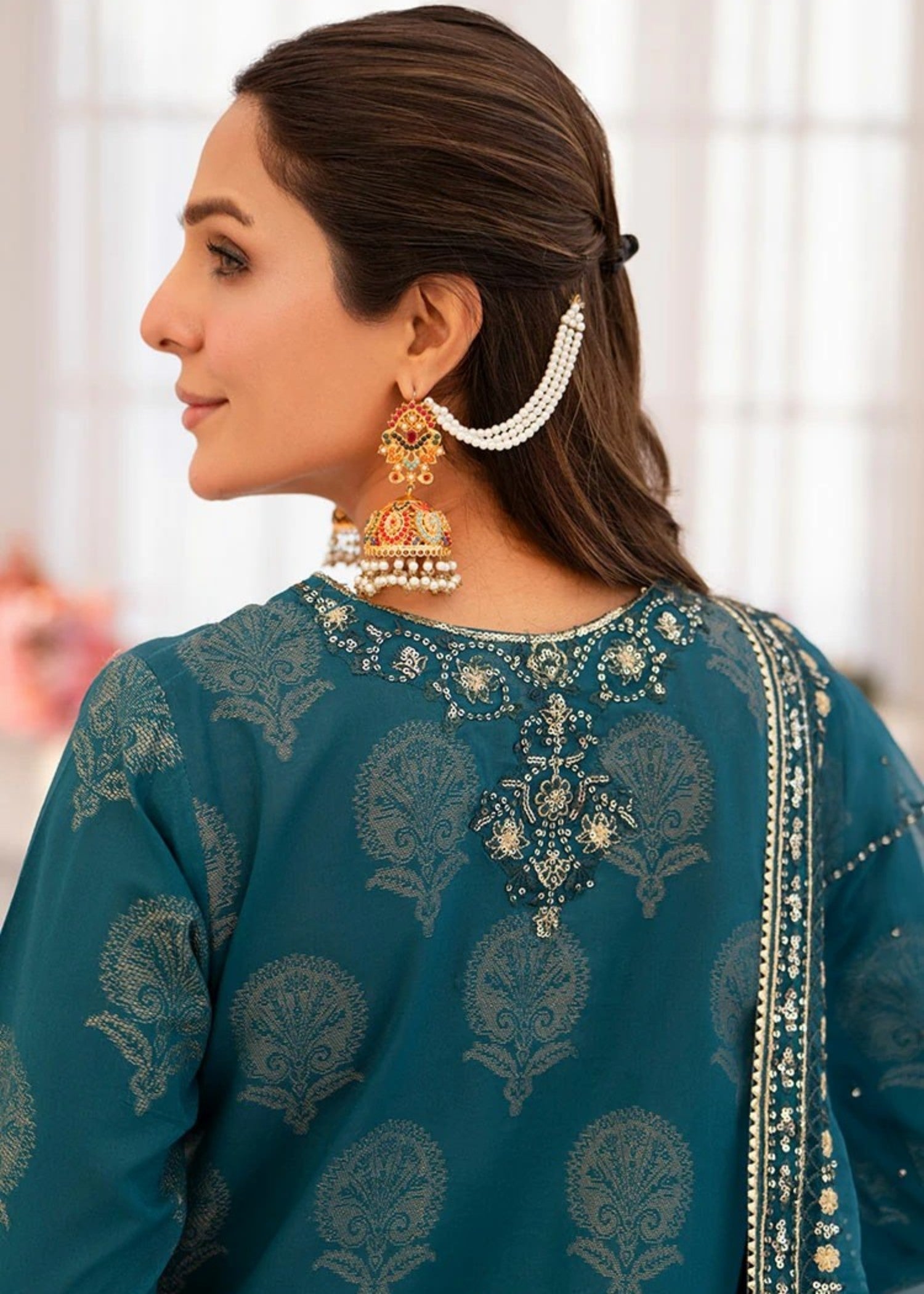 jacquard Kurta Set in Teal