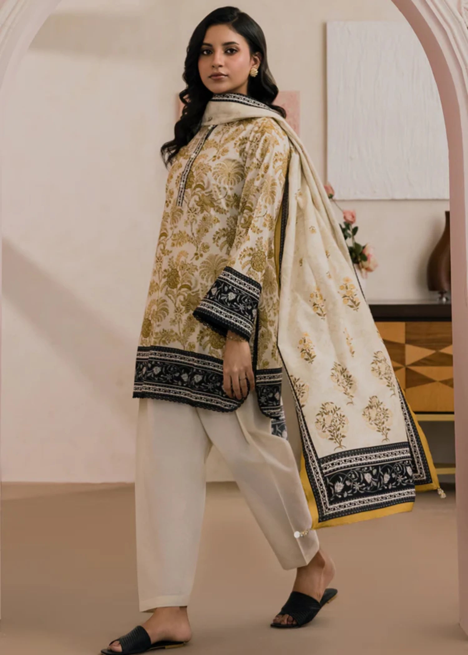 lawn Unstitched in Beige, white