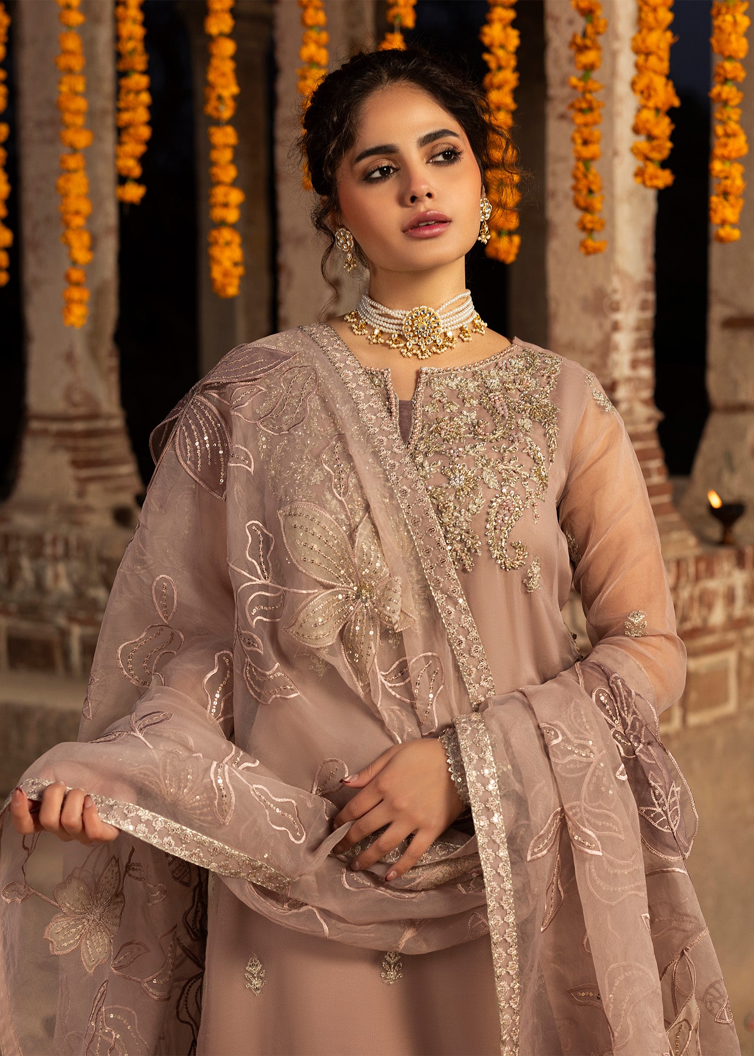 organza Gharara in Tea rose pink
