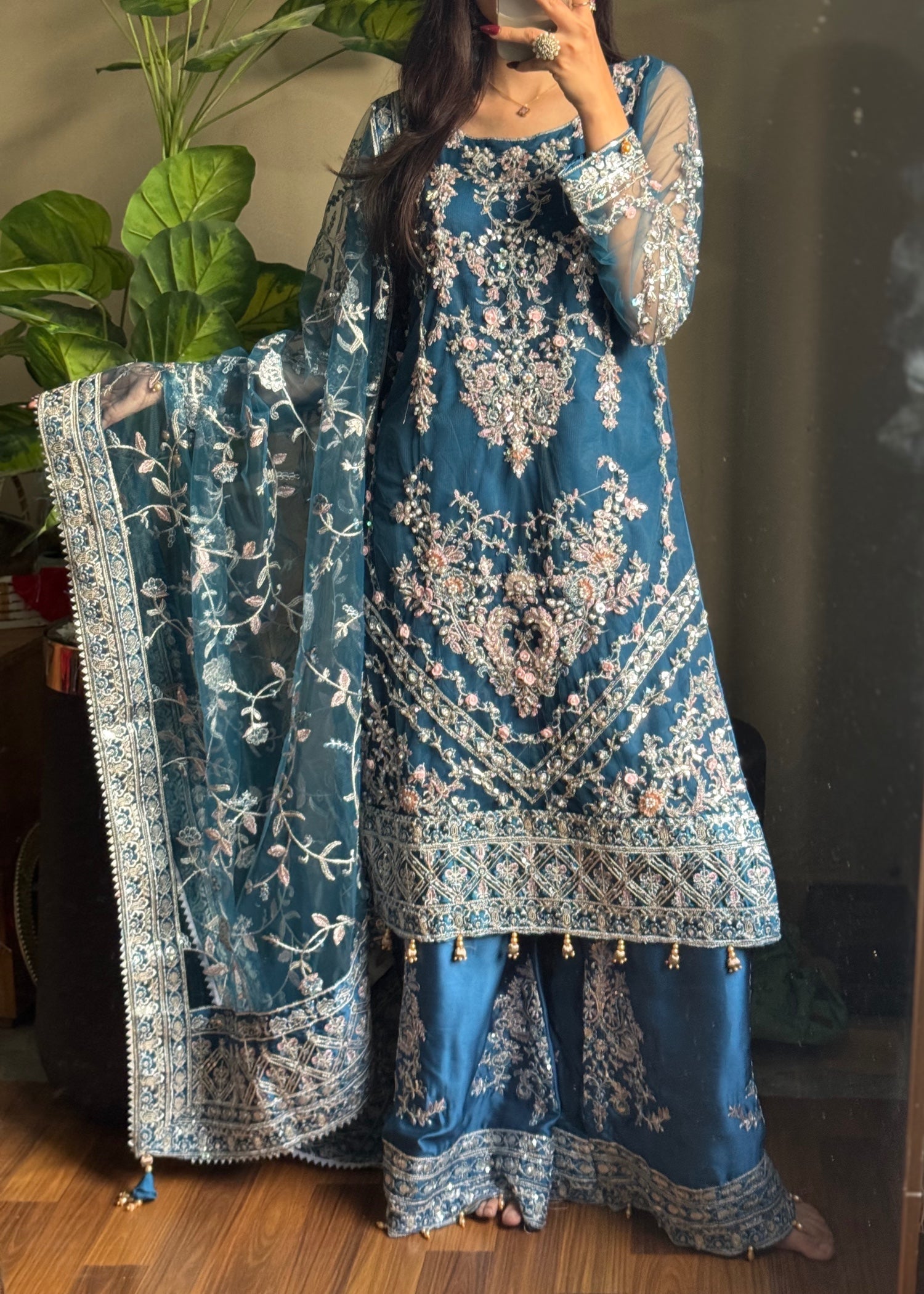 net Kurta Set in Teal