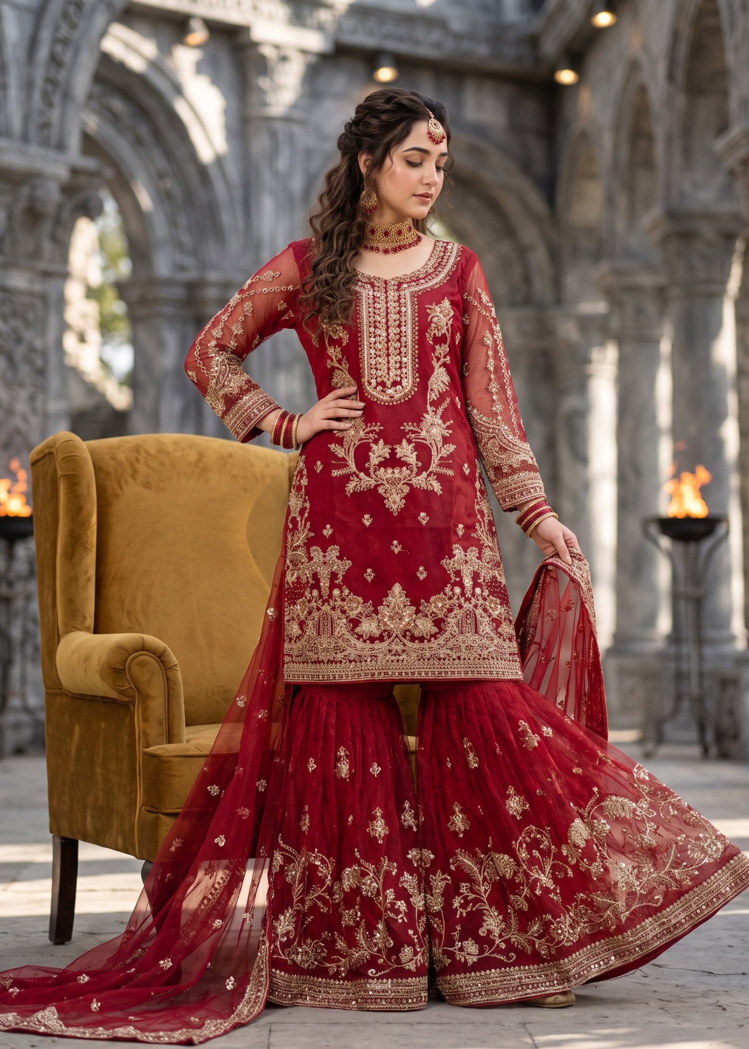 organza Gharara in Crimson