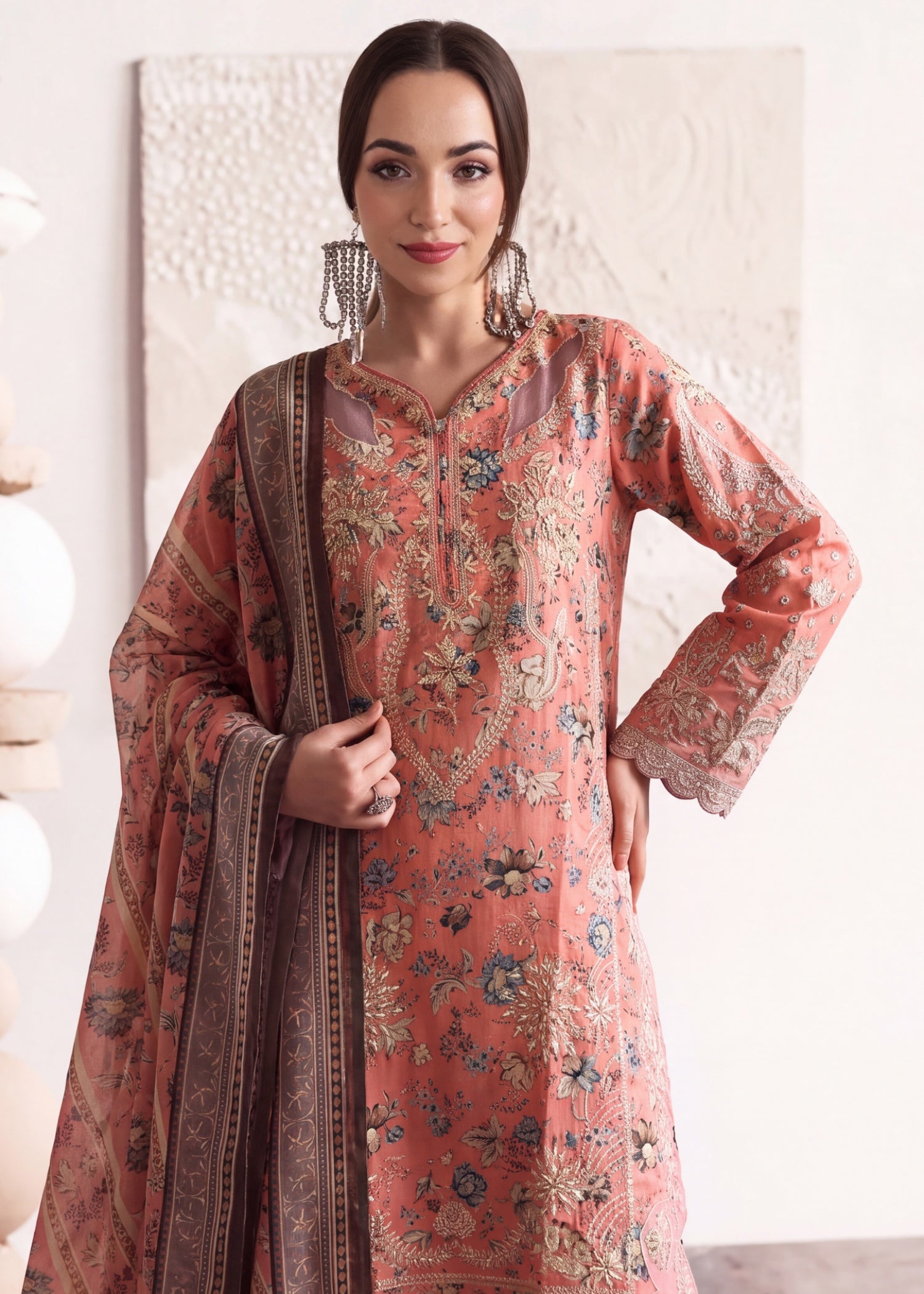 lawn cotton Kurta Set in Peach pink, coral pink