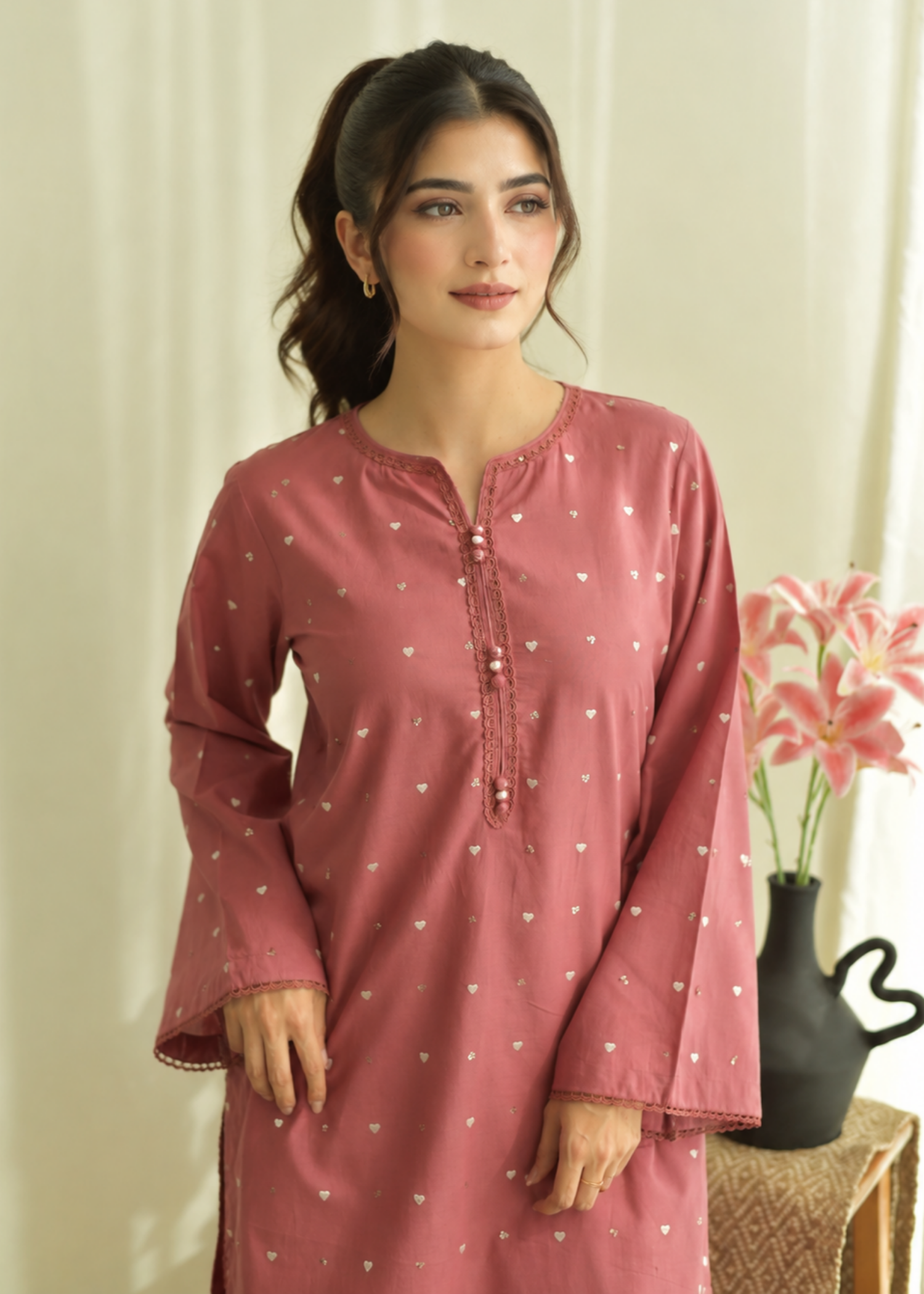 linen Kurta Set in Strawberry pink