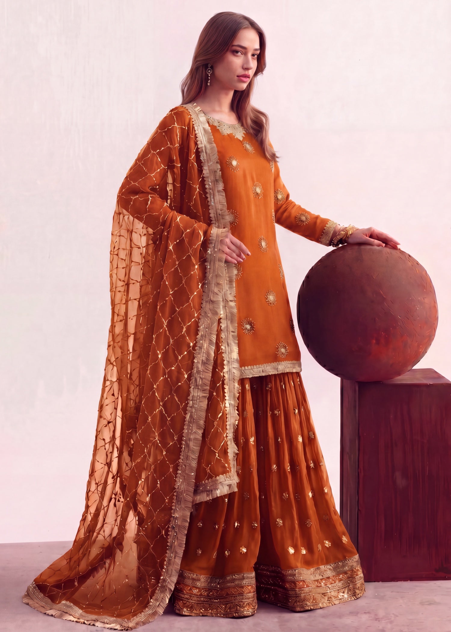 chiffon Gharara in Rust orange