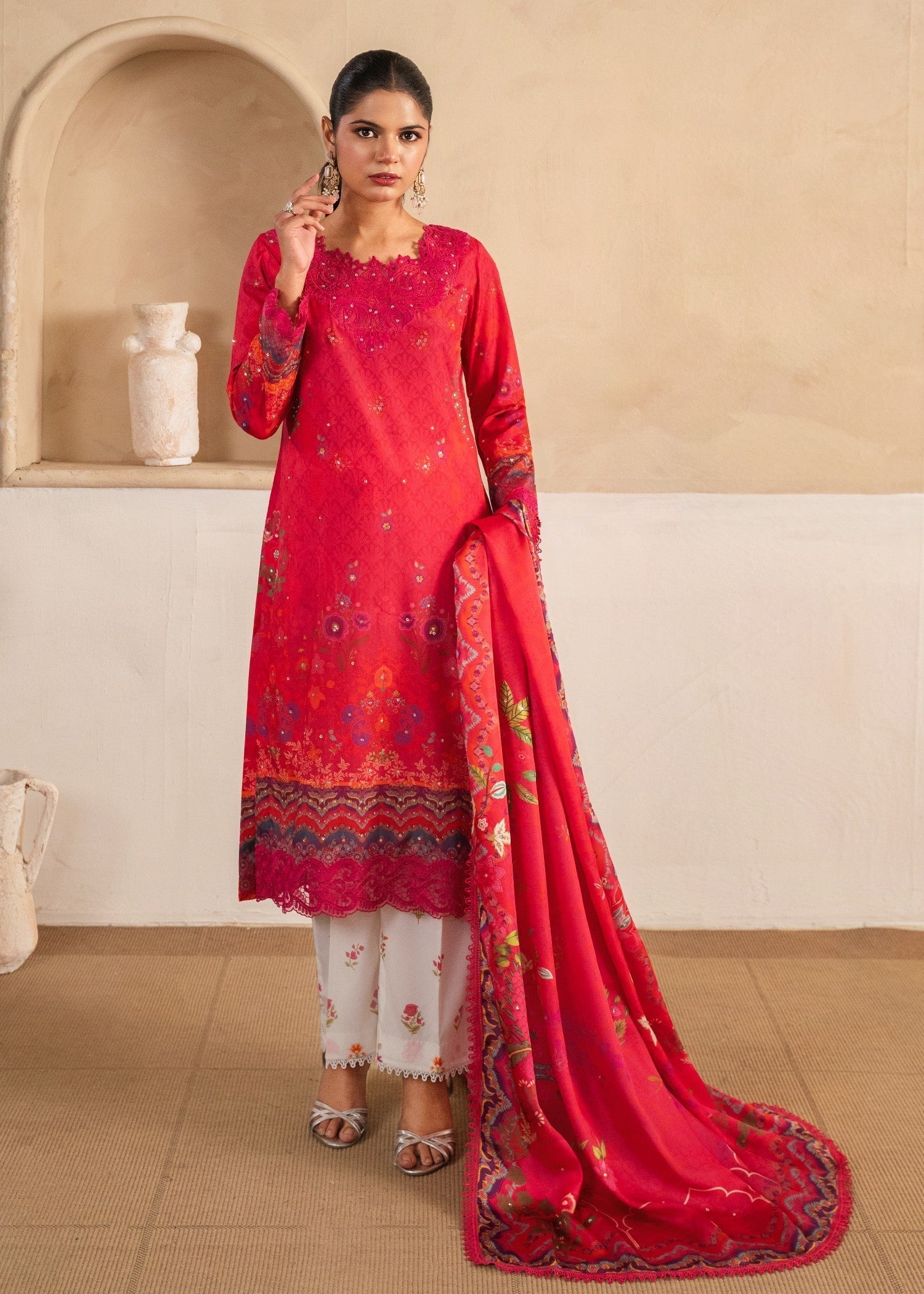 silk crepe Kurta Set in Hot pink