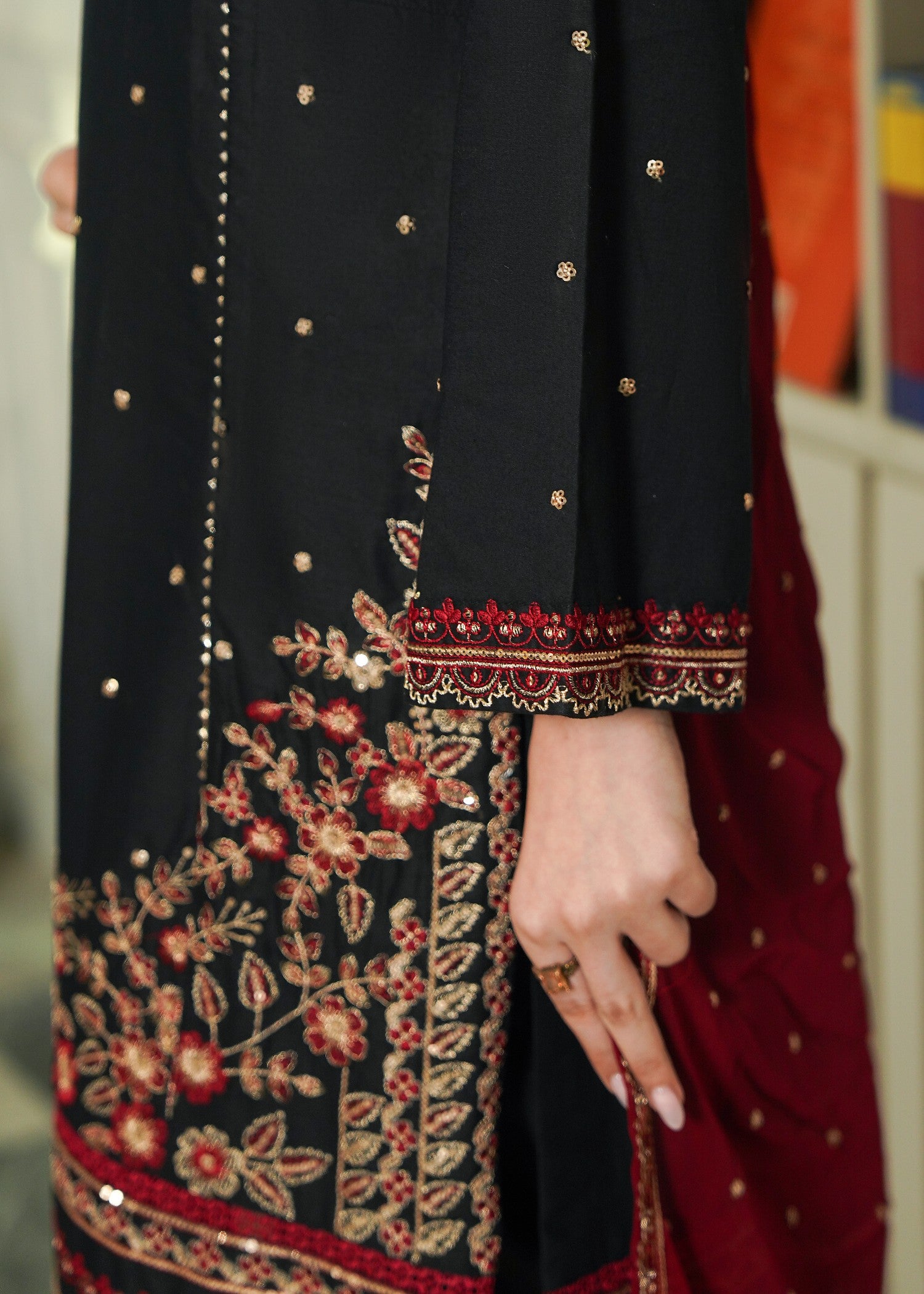 cotton Kurta Set in Black, maroon