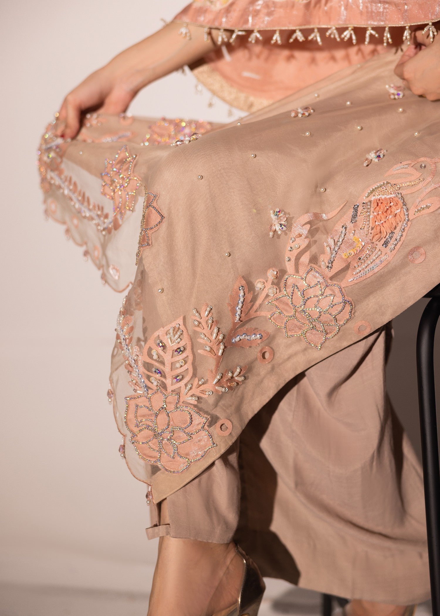 poly organza Kurta Set in Peach pink, almond brown