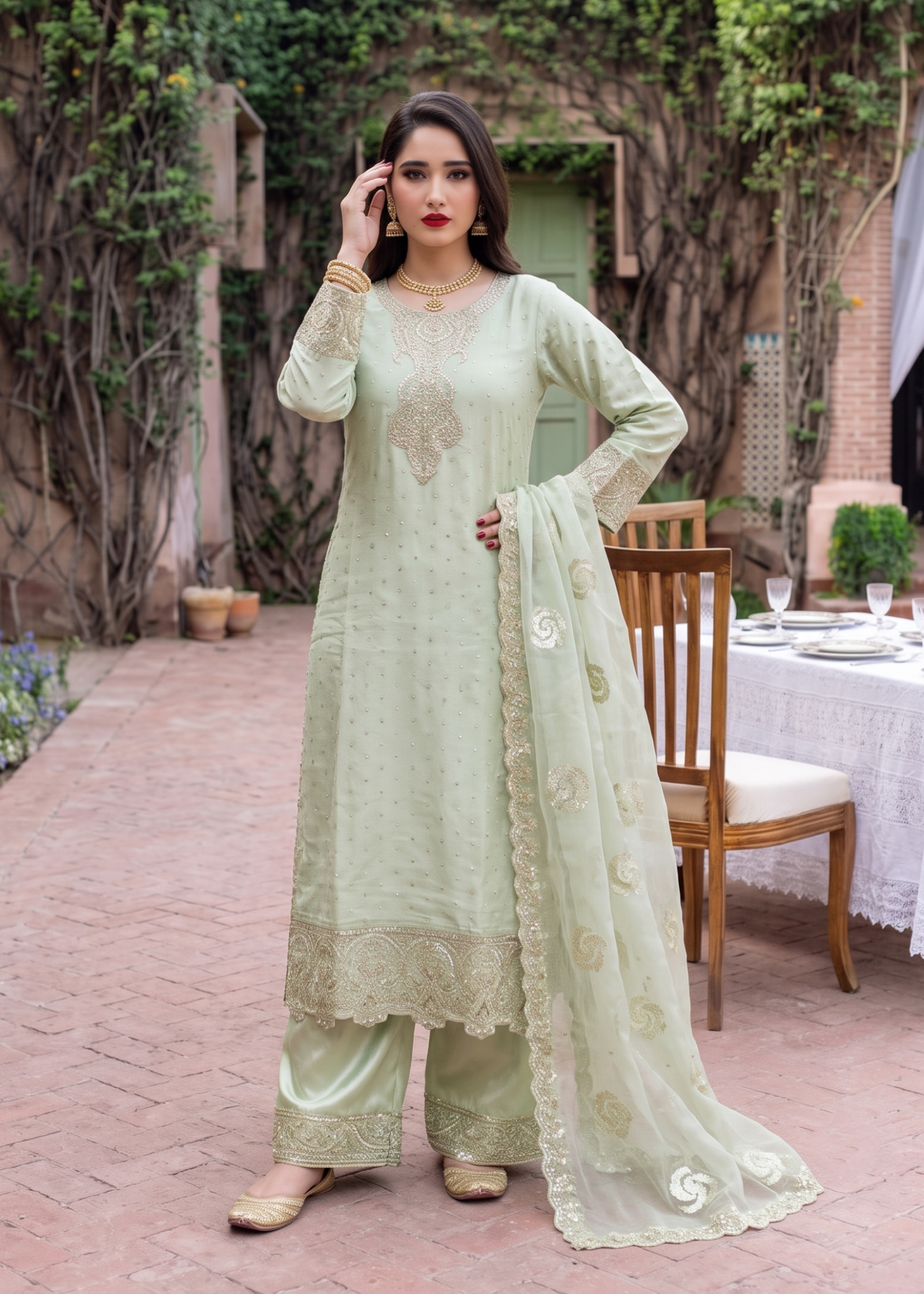 chiffon Kurta Set in Pistachio green