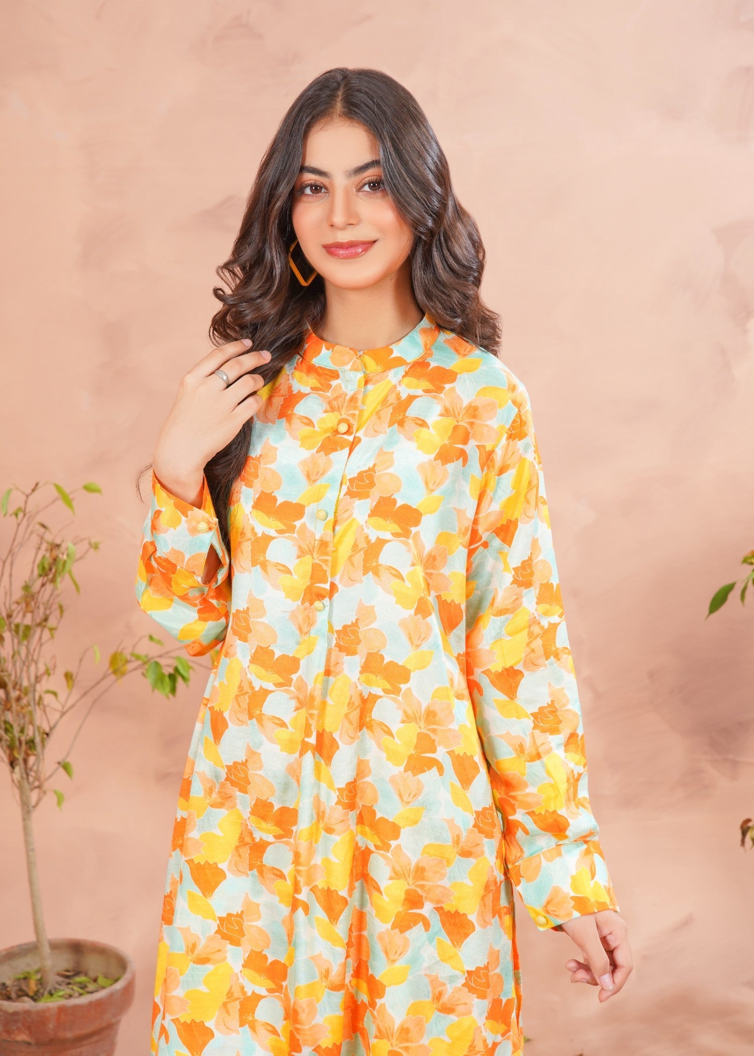 raw silk Kurta Set in Multi, bright orange, yellow-orange
