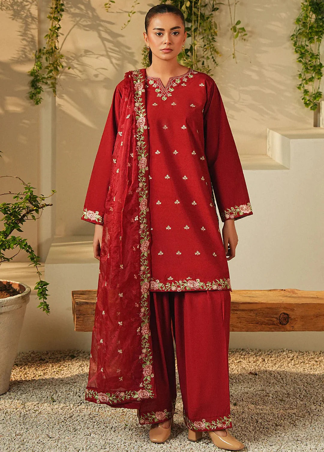 linen Kurta Set in Fire red