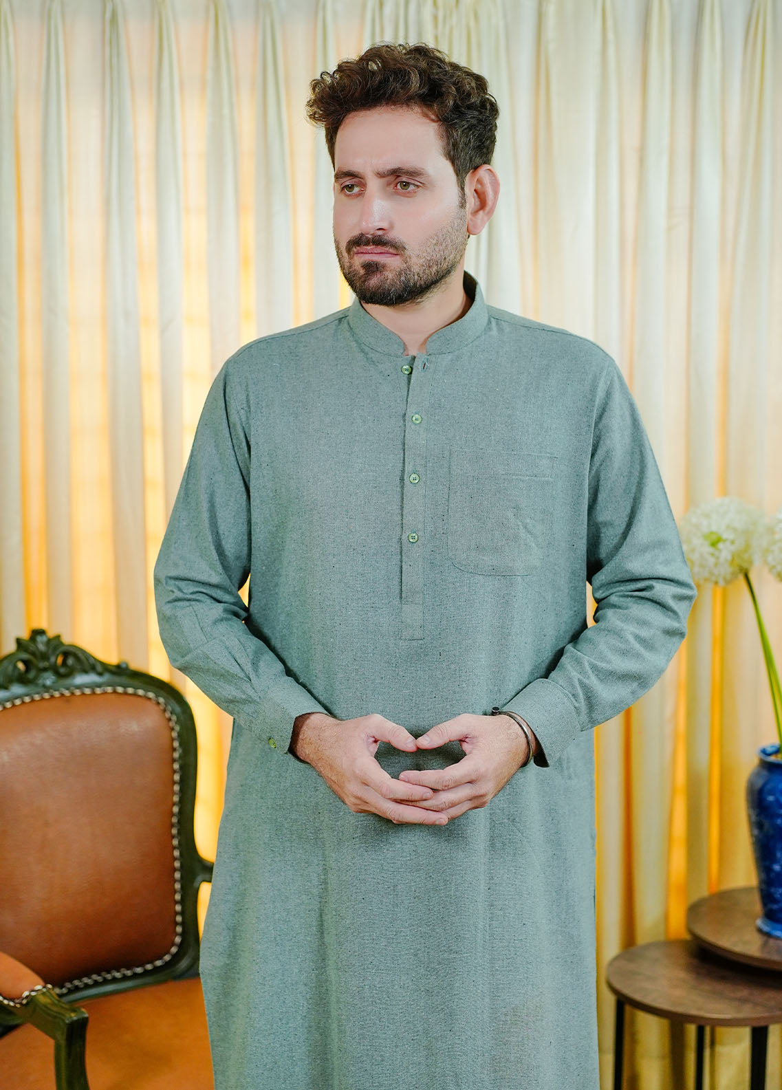 blended wool Shalwar Kameez in Green