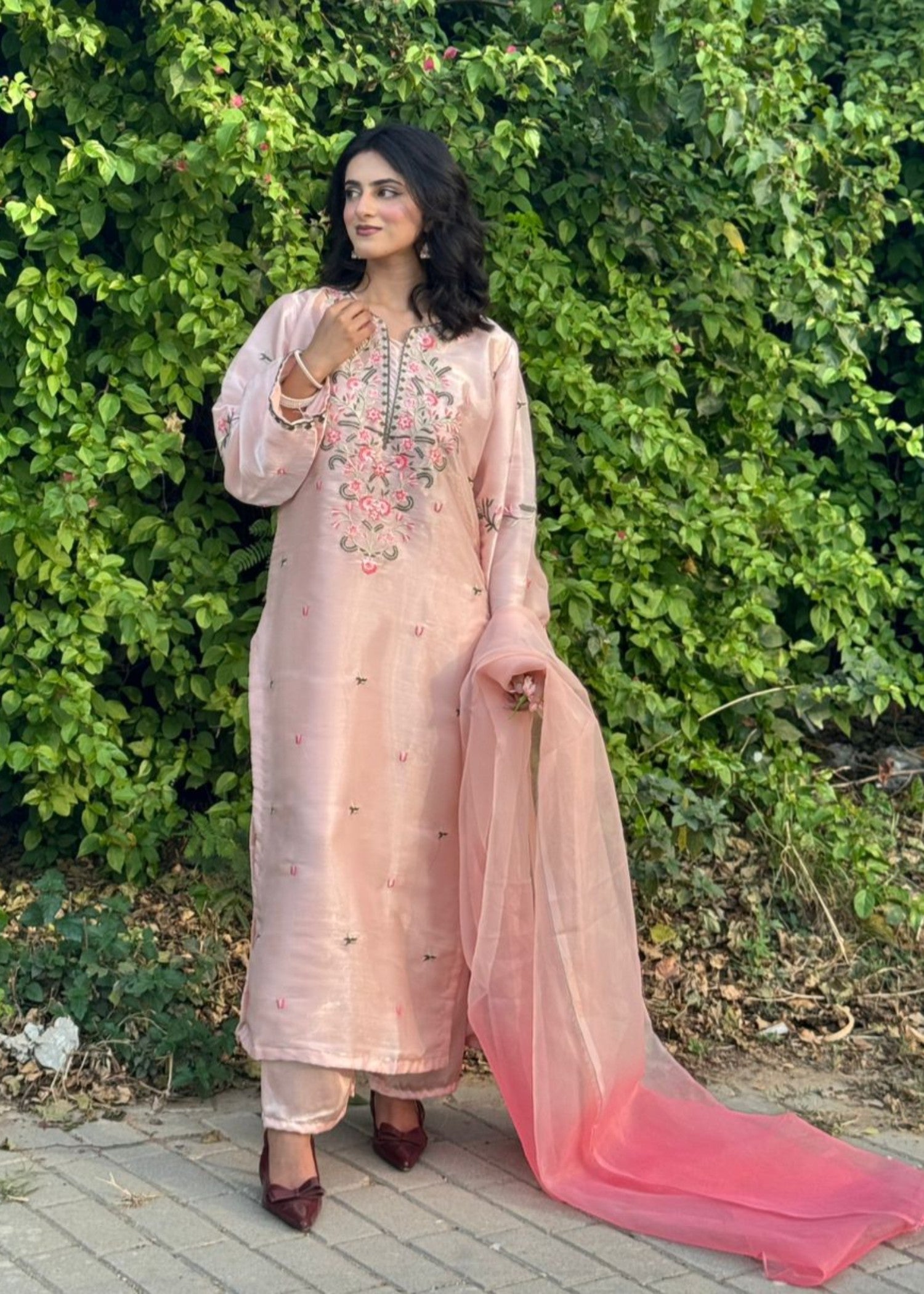 tussar silk Kurta Set in Tea rose pink