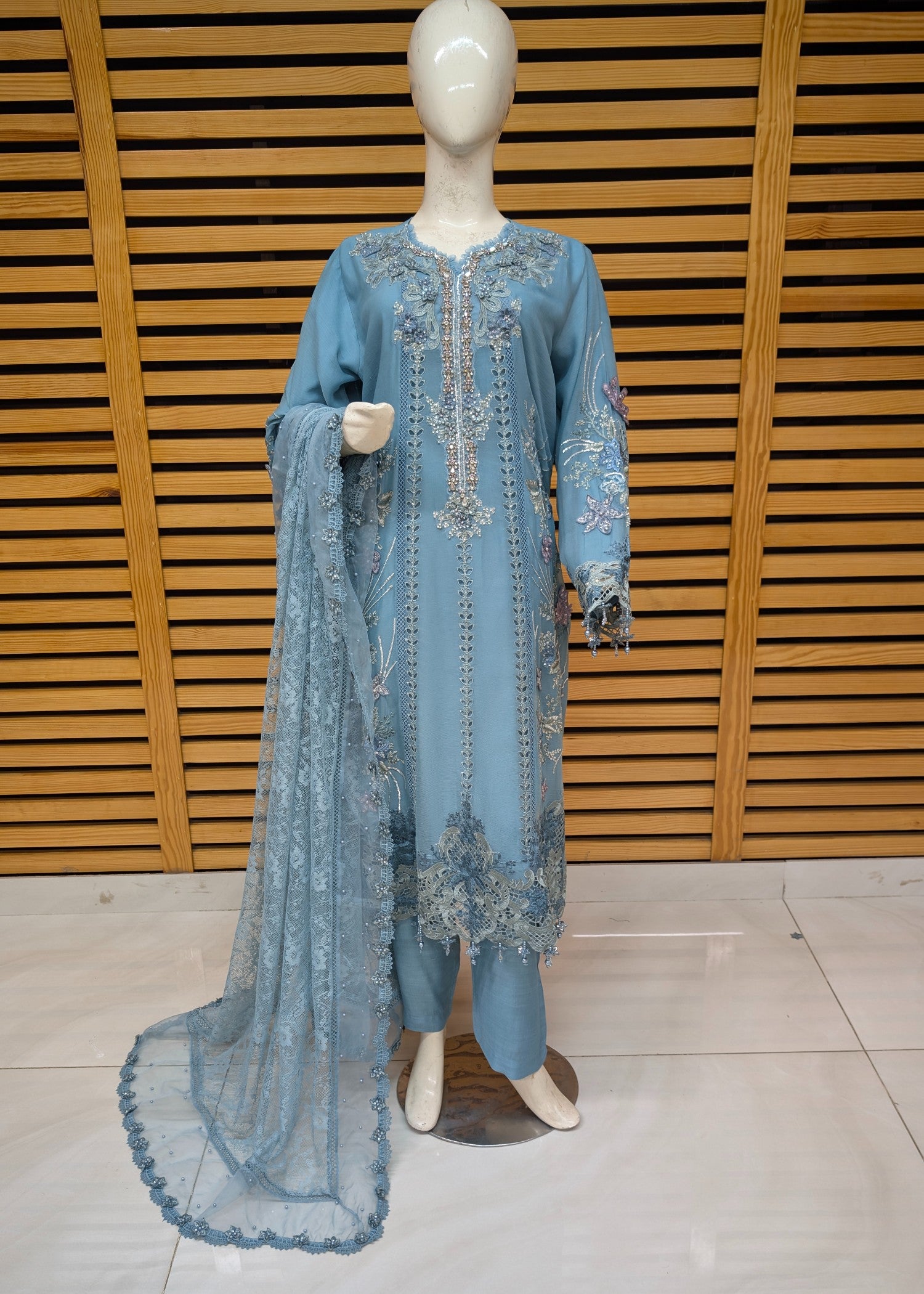 chiffon Kurta Set in Sky