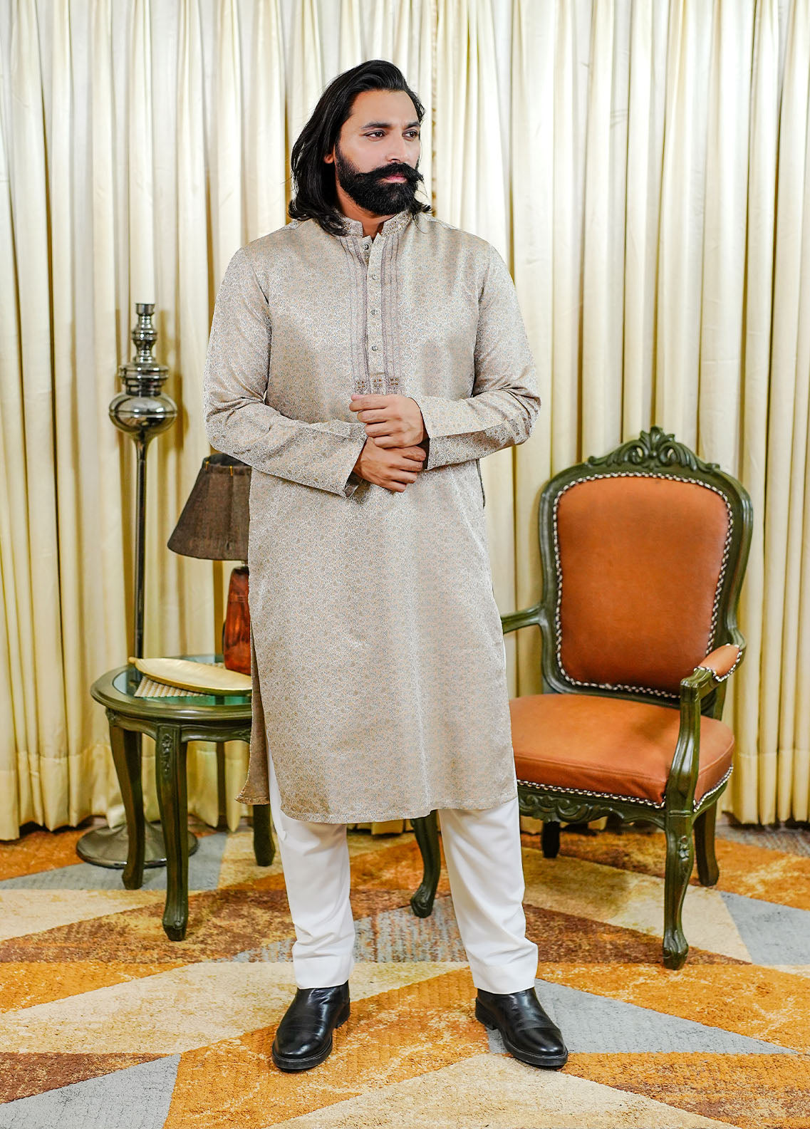 traditional jamawar Kurta in Beige