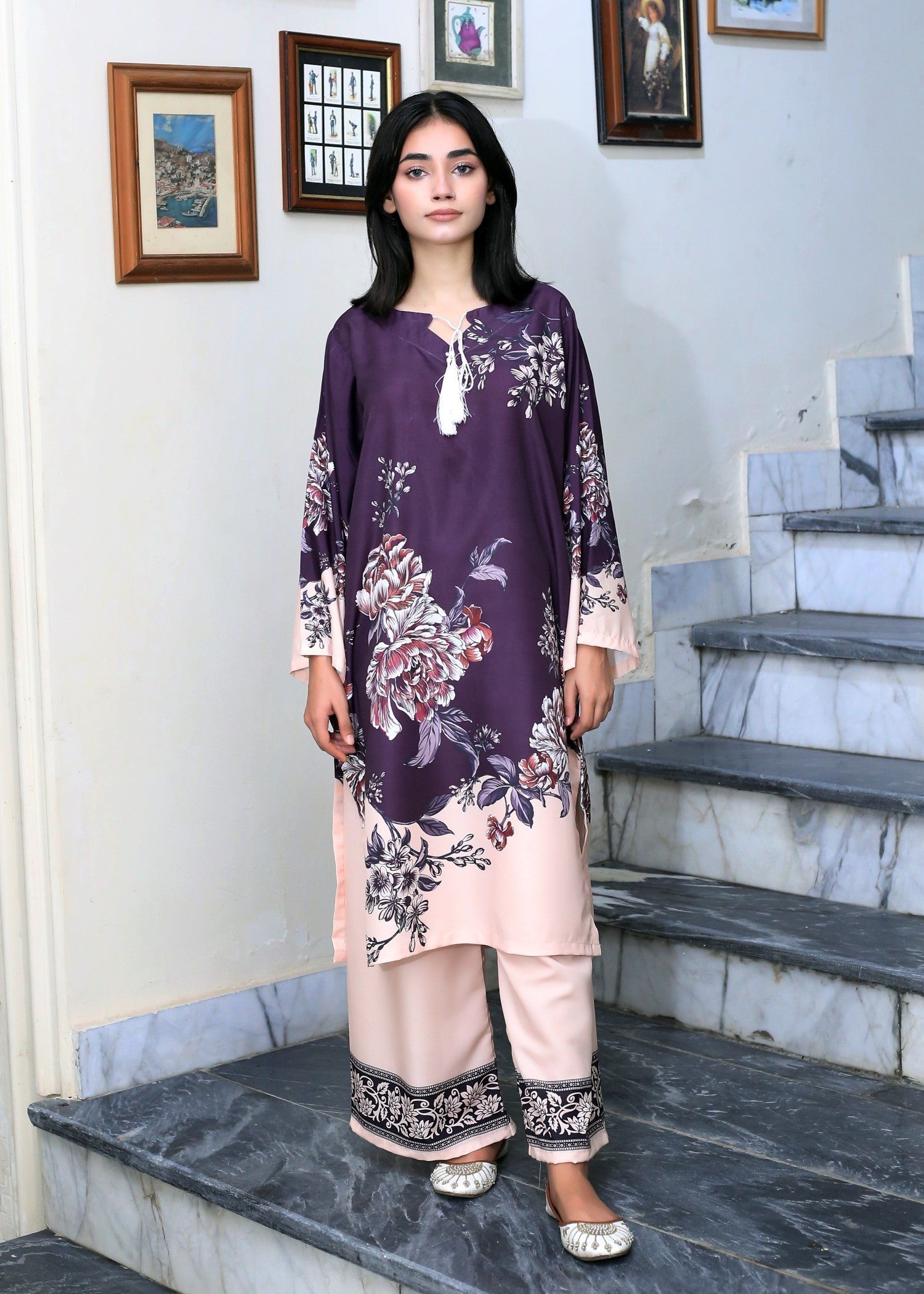 poly lawn Kurta Set in Tea rose pink, purple