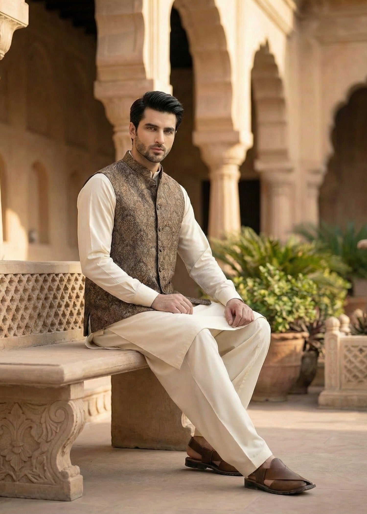 jamawar jacquard Waistcoat in Brown