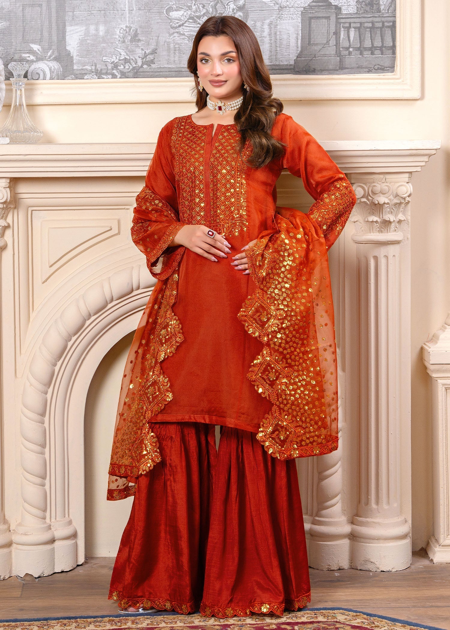 organza Gharara in Rust orange