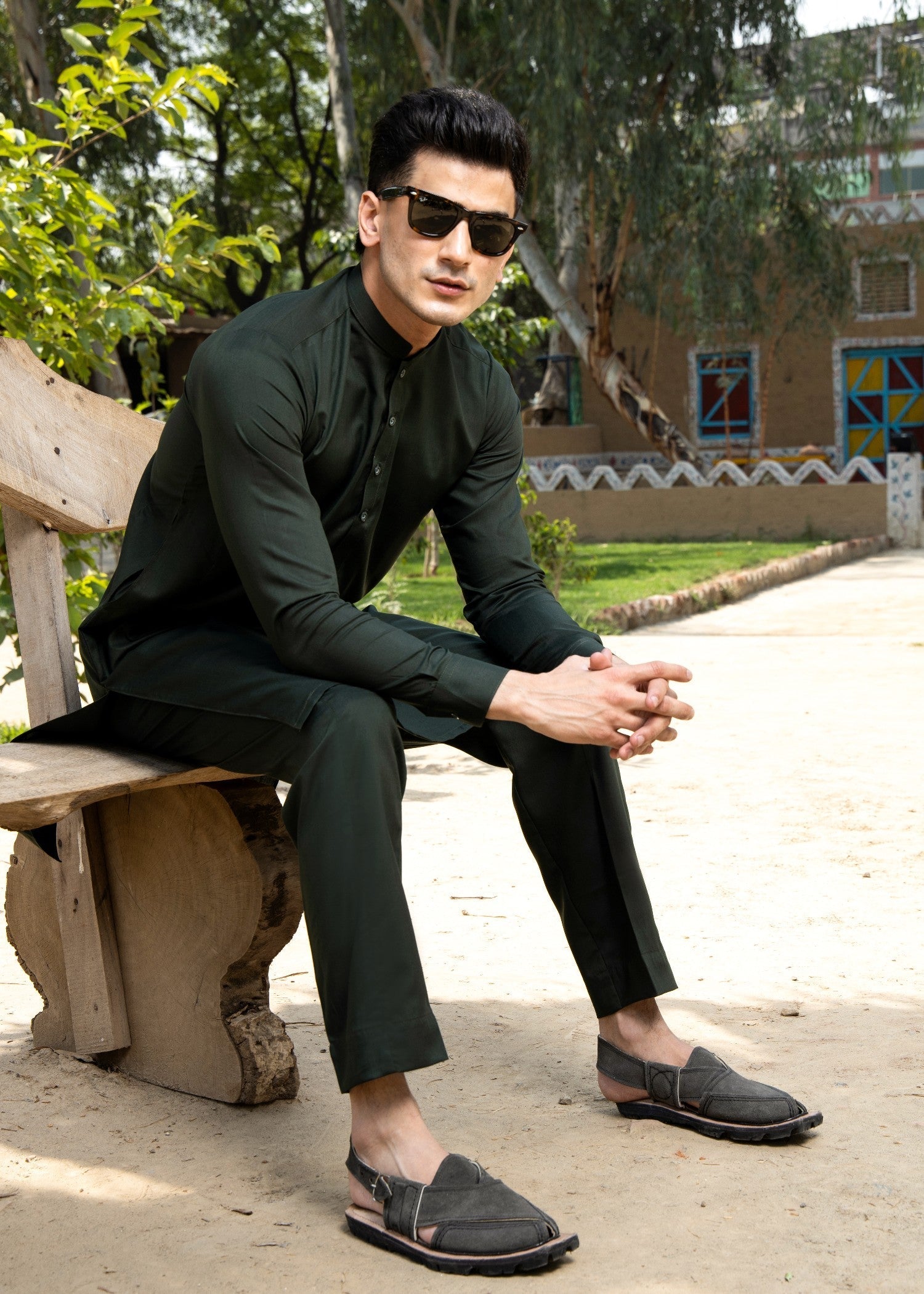 wash & wear Kurta Set in Bottle green